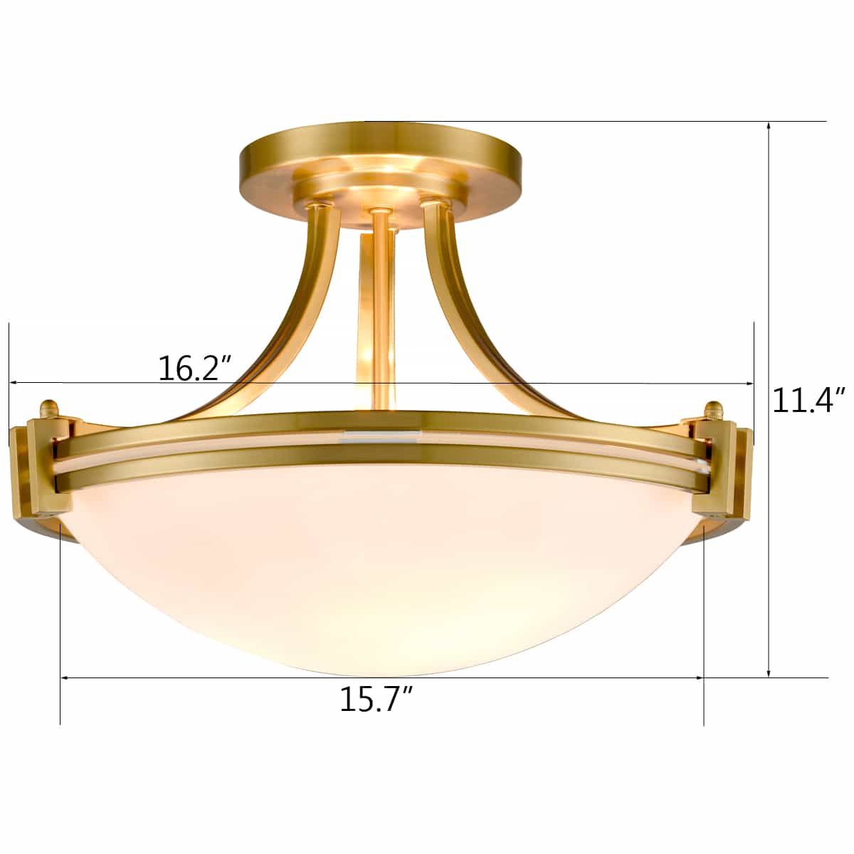 Brass Semi Flush Mount Ceiling Light 3-Light White Glass Shade