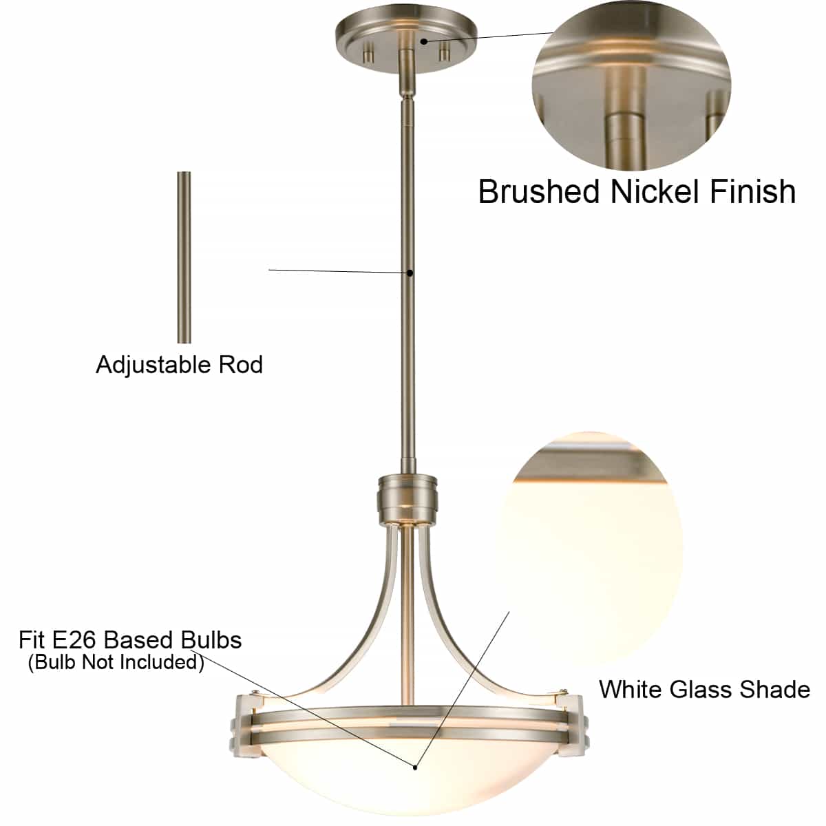 Brushed Nickel Pendant Light 2-Light Elegant White Glass Shade