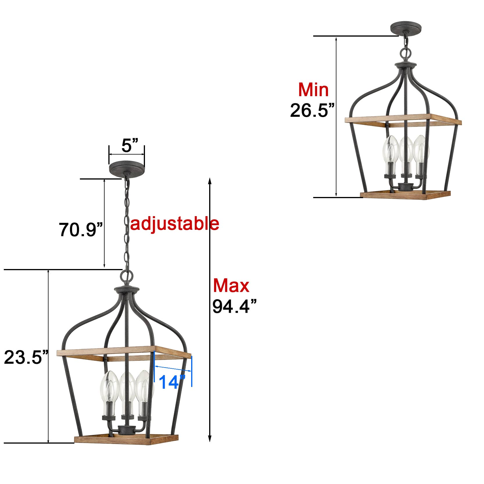 Farmhouse Lantern Cage Pendant 3-Light Wood Grain with Glass Shade