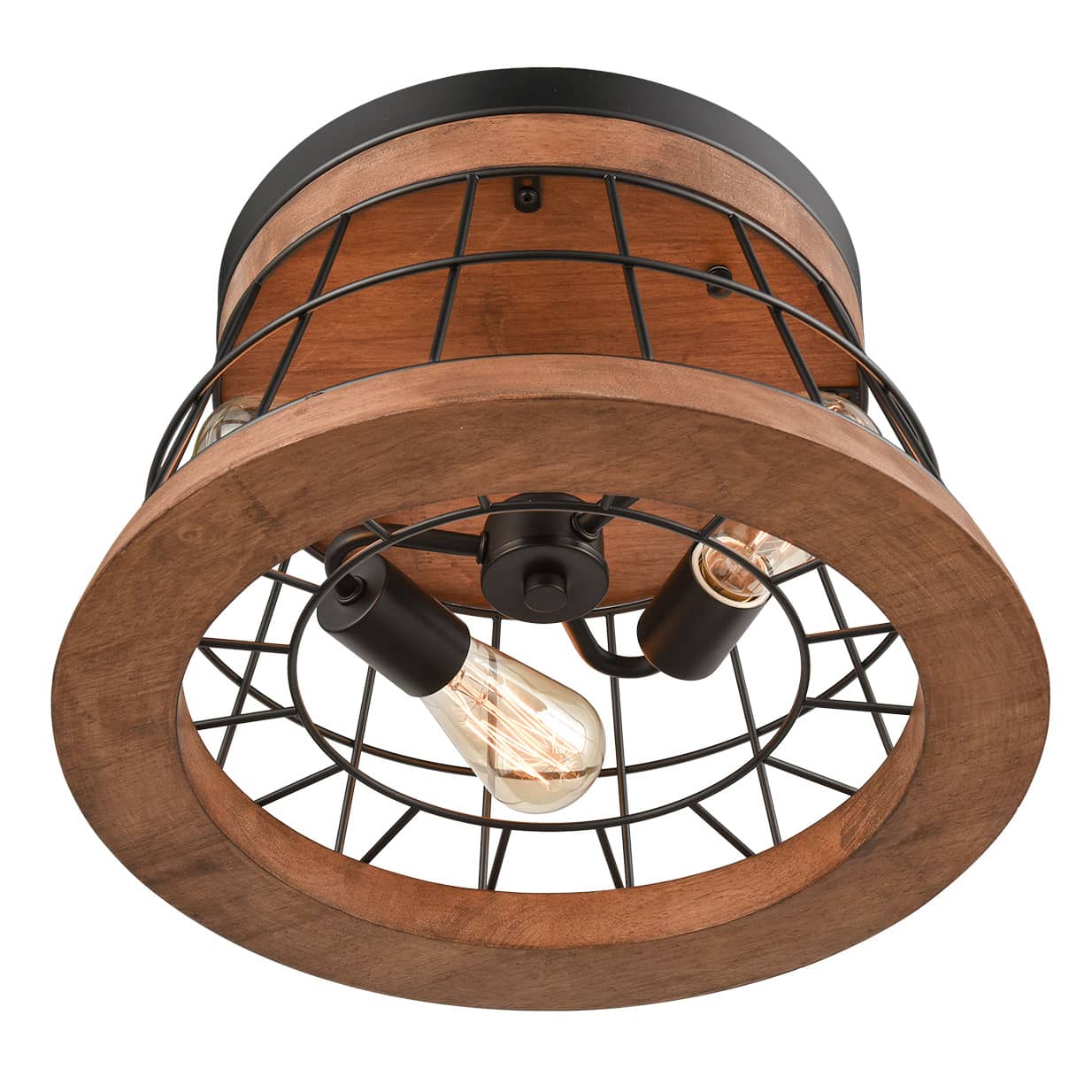 Farmhouse Wood Round Ceiling Light Rustic Brown Finished Oak Wood