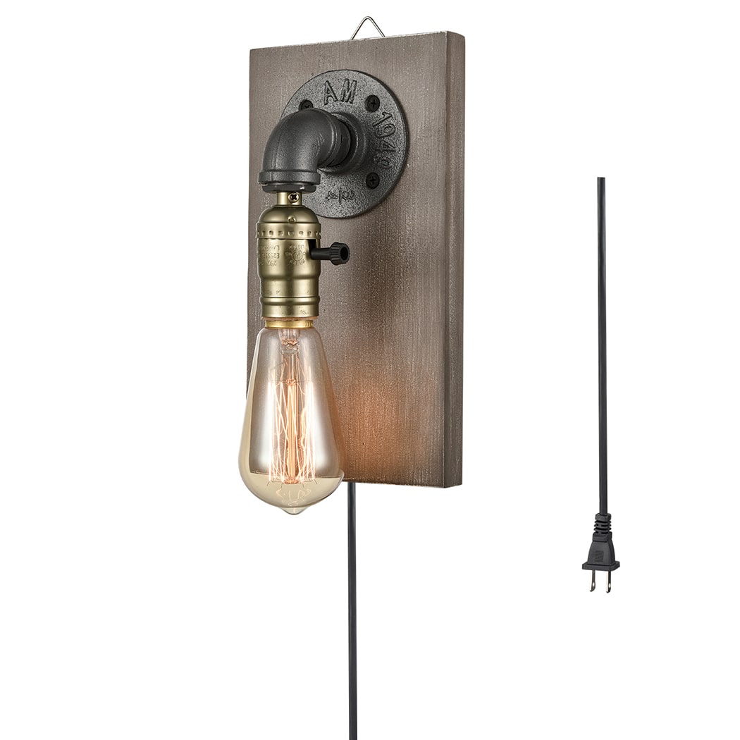 Farmhouse Water Pipe Plug in Wall Sconce with Wooden Base