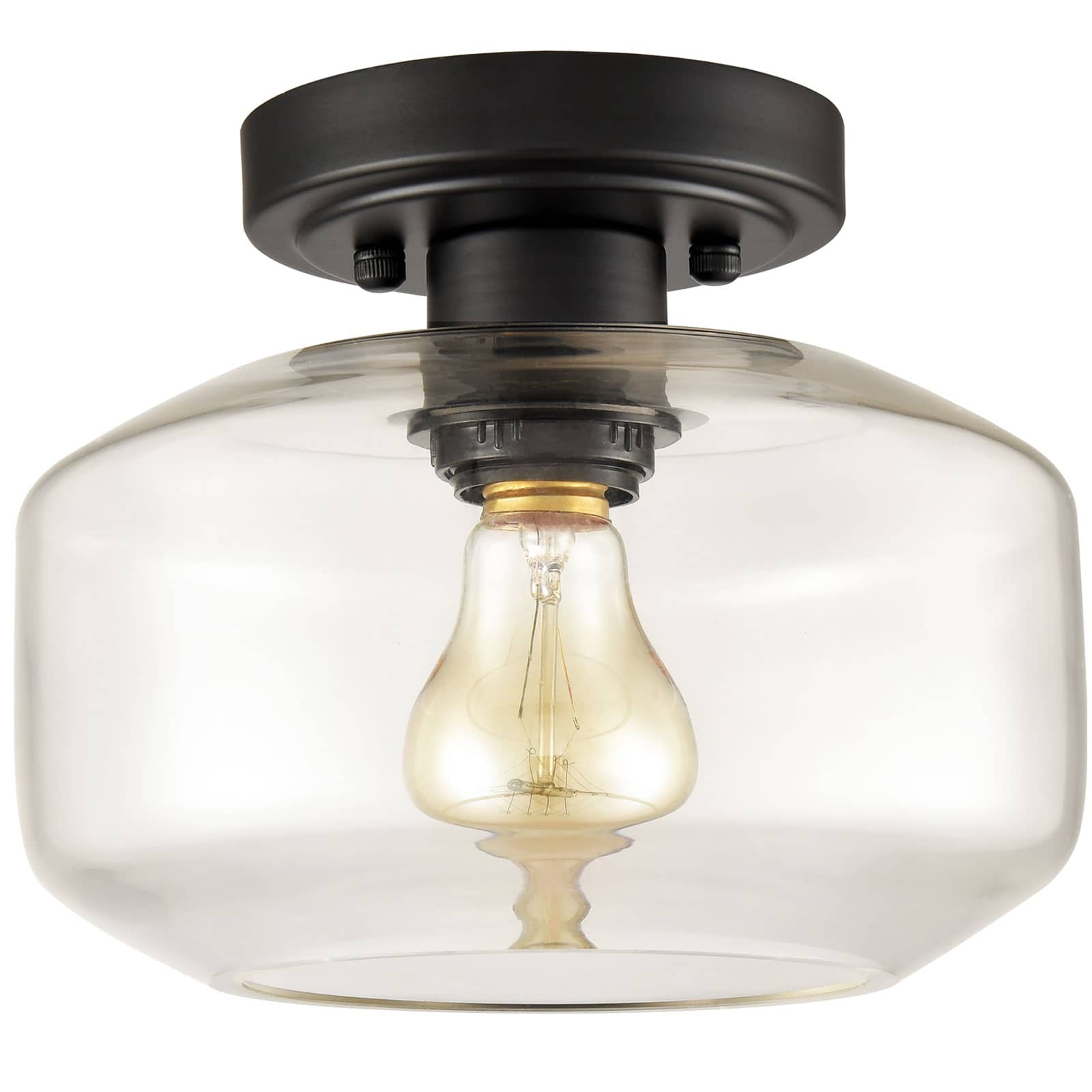 Industrial Semi Flush Ceiling Light Glass Drum Shade, Black