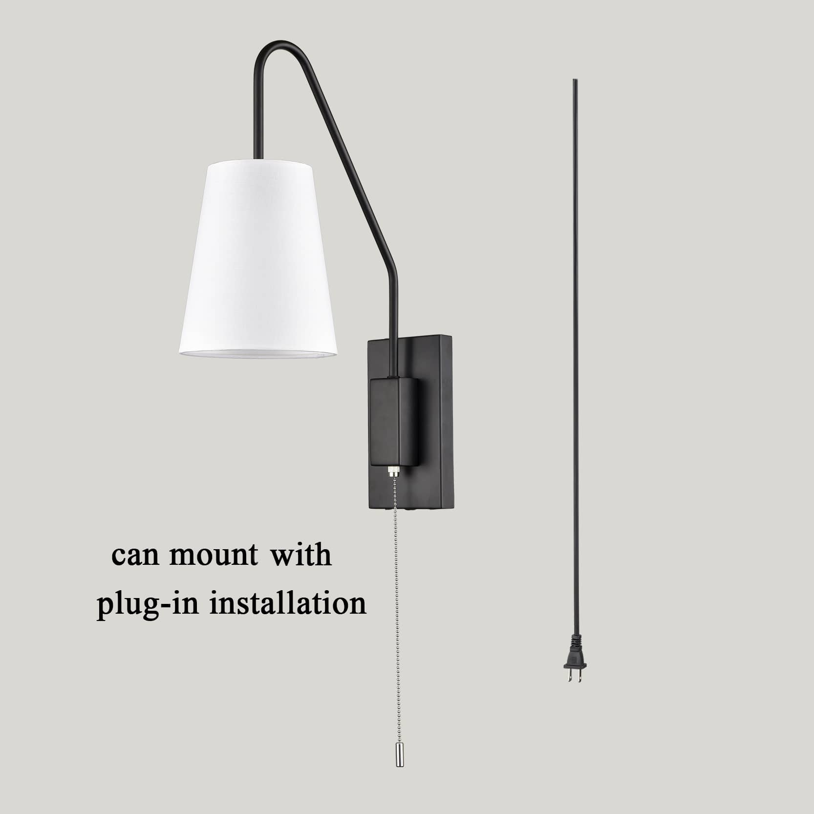 Black Plug-in Wall Lamps Set of 2 with Pull Chain Switch