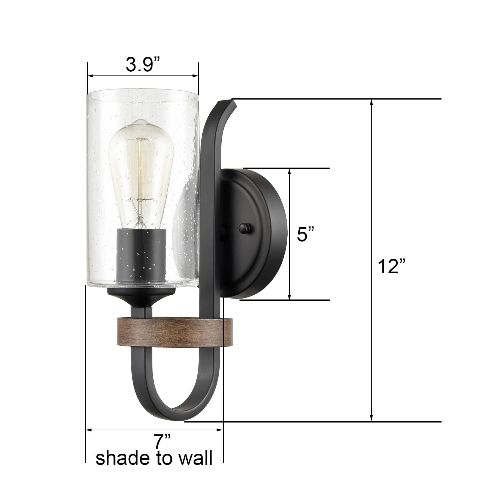 Industrial Wall Sconce Seeded Glass Shade with Wood Grain Finish
