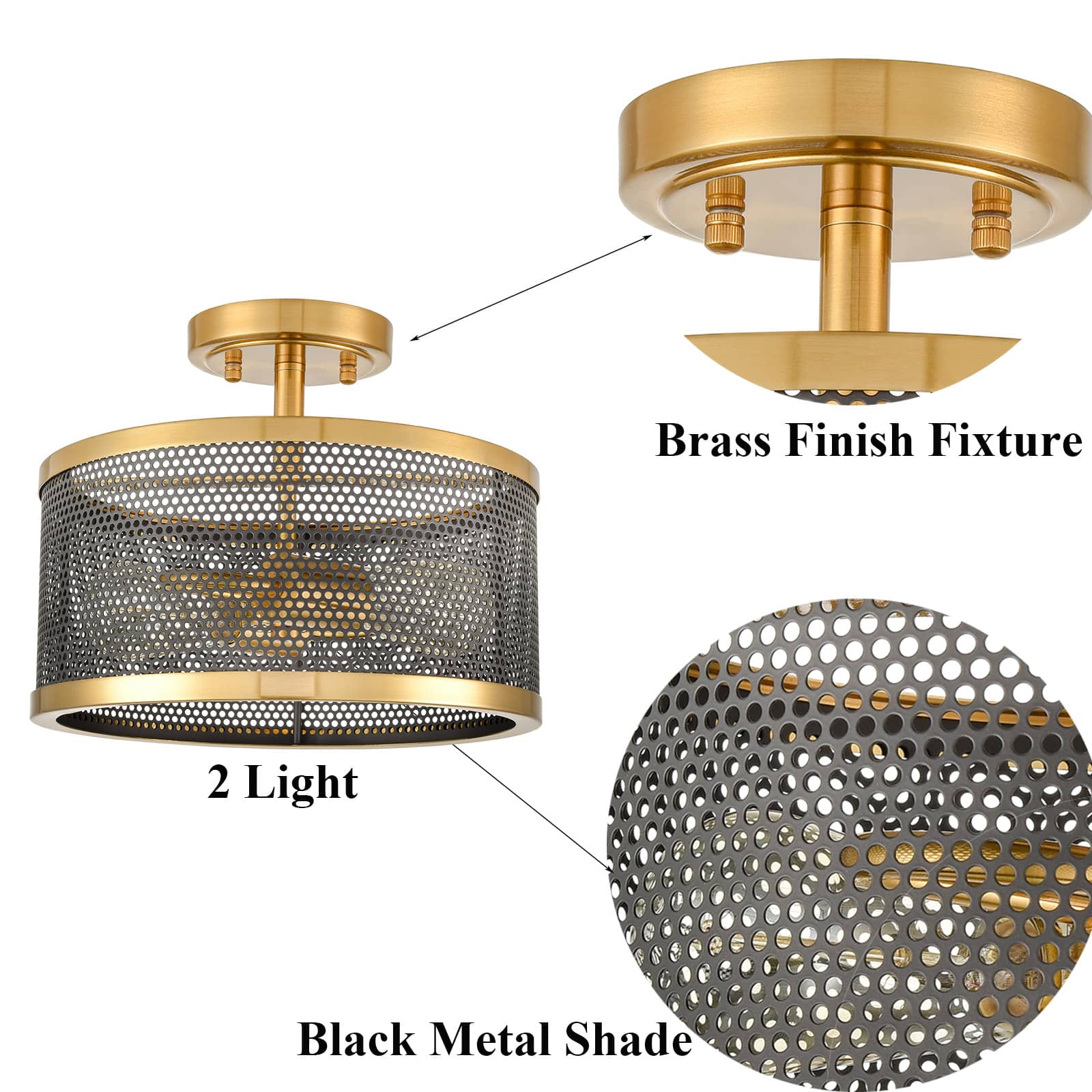 Brass Flush Mount Ceiling Light  Drum Metal Shade  | Claxy