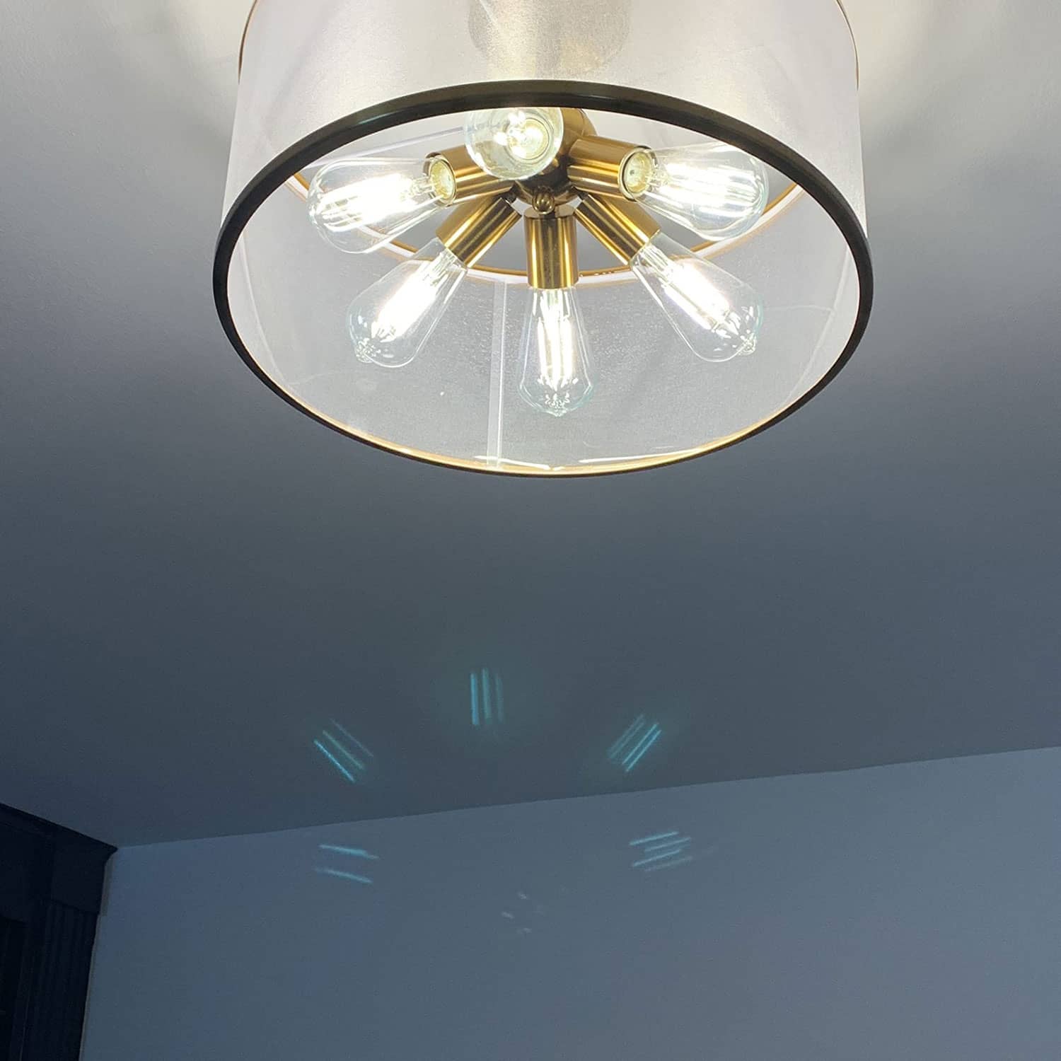 Modern Gold Drum Ceiling Light Organza Lamp Shade 6-Light