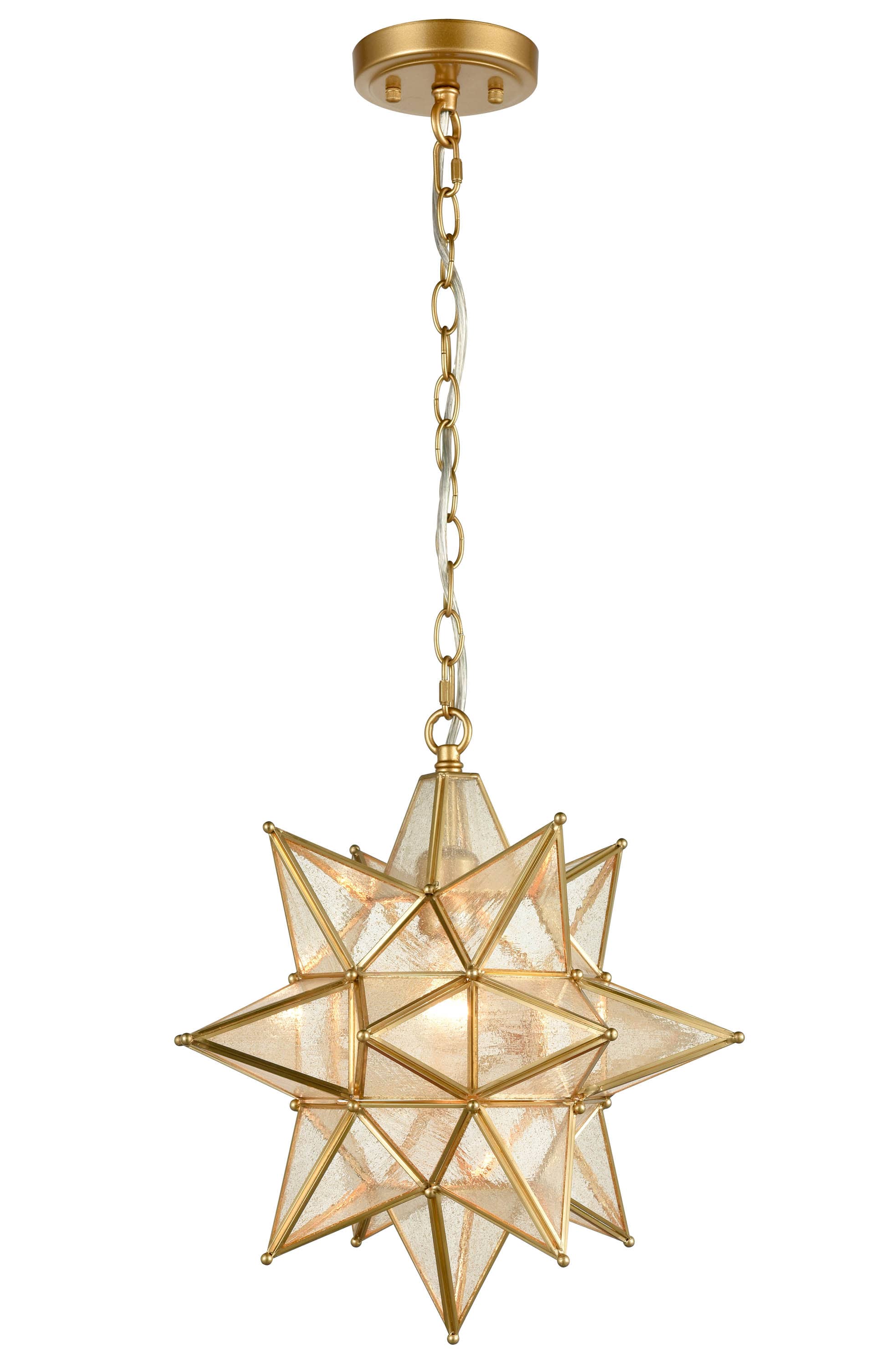 Moravian Star Pendant Chandelier Seeded Glass Gold Light 15 Inches