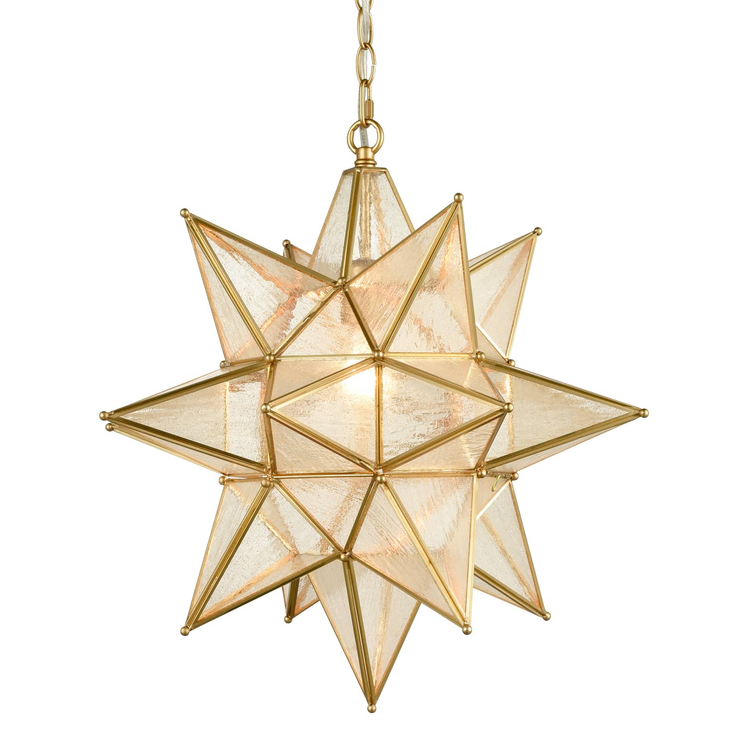 Moravian Star Pendant Chandelier Seeded Glass Gold Light 19 Inches