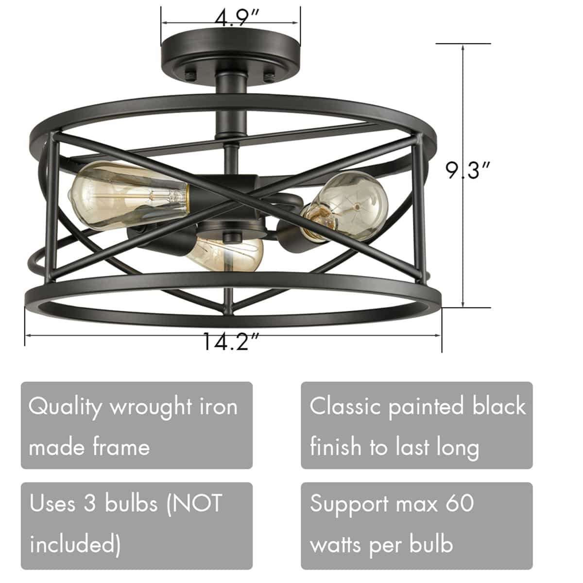 Rustic Semi Flush Ceiling Lights Black Drum Shade, 3-Light