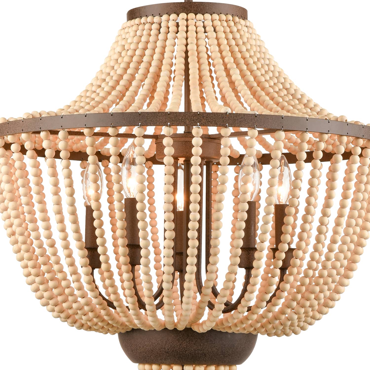 Rustic Wood Beaded Chandelier Candle Style Empire Shape - 5 Light