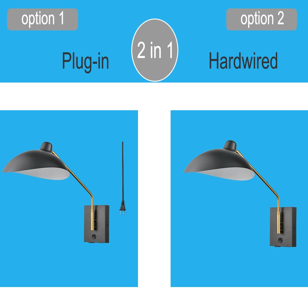 Swing Arm Wall Sconces Modern Black Plug-in Wall Lamp with USB Charge Port