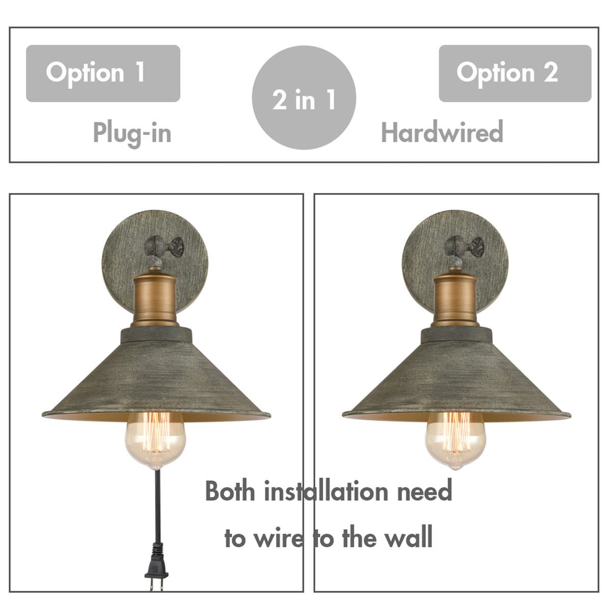 Industrial Hardwired & Plug-in Wall Lights Set of 2 with Switch