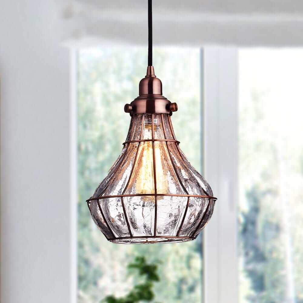 Rustic Cracked Glass Pendant Light Antique Red Copper Finish