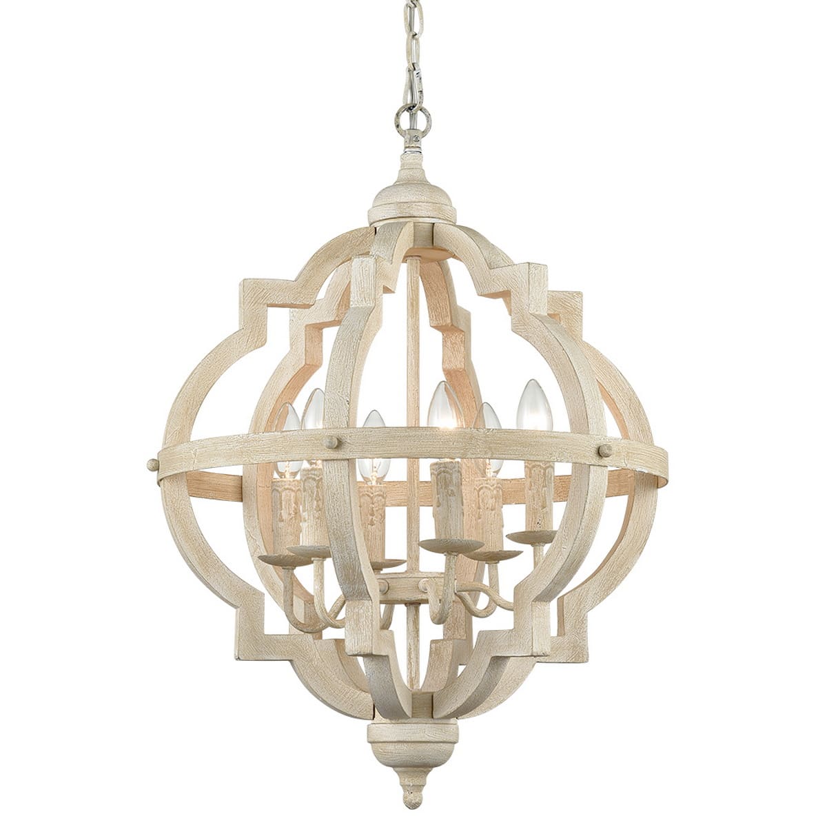 Distressed Off-white Wooden Chandelier Sphere 6 Light