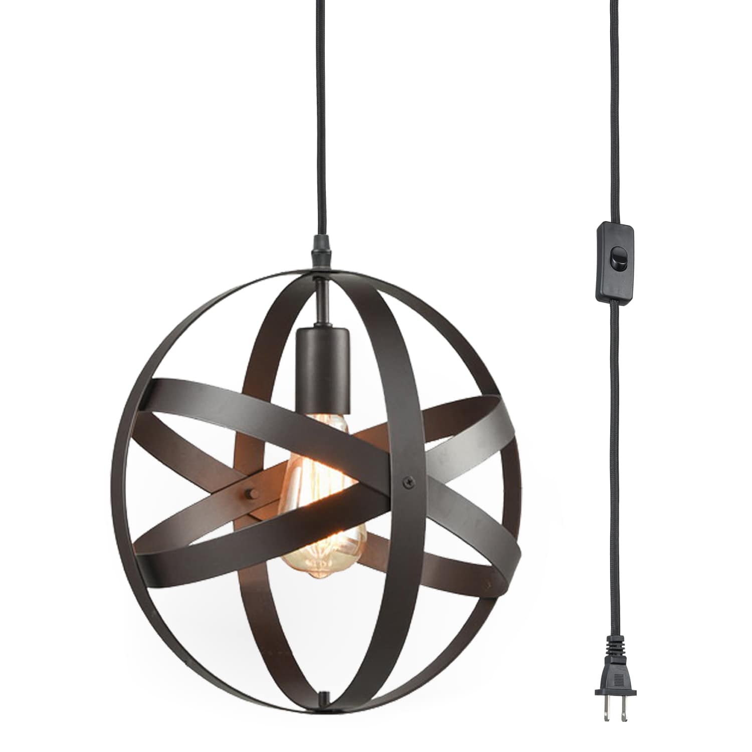 Industrial Bronze Plug in Pendant Light with Metal Globe Shade