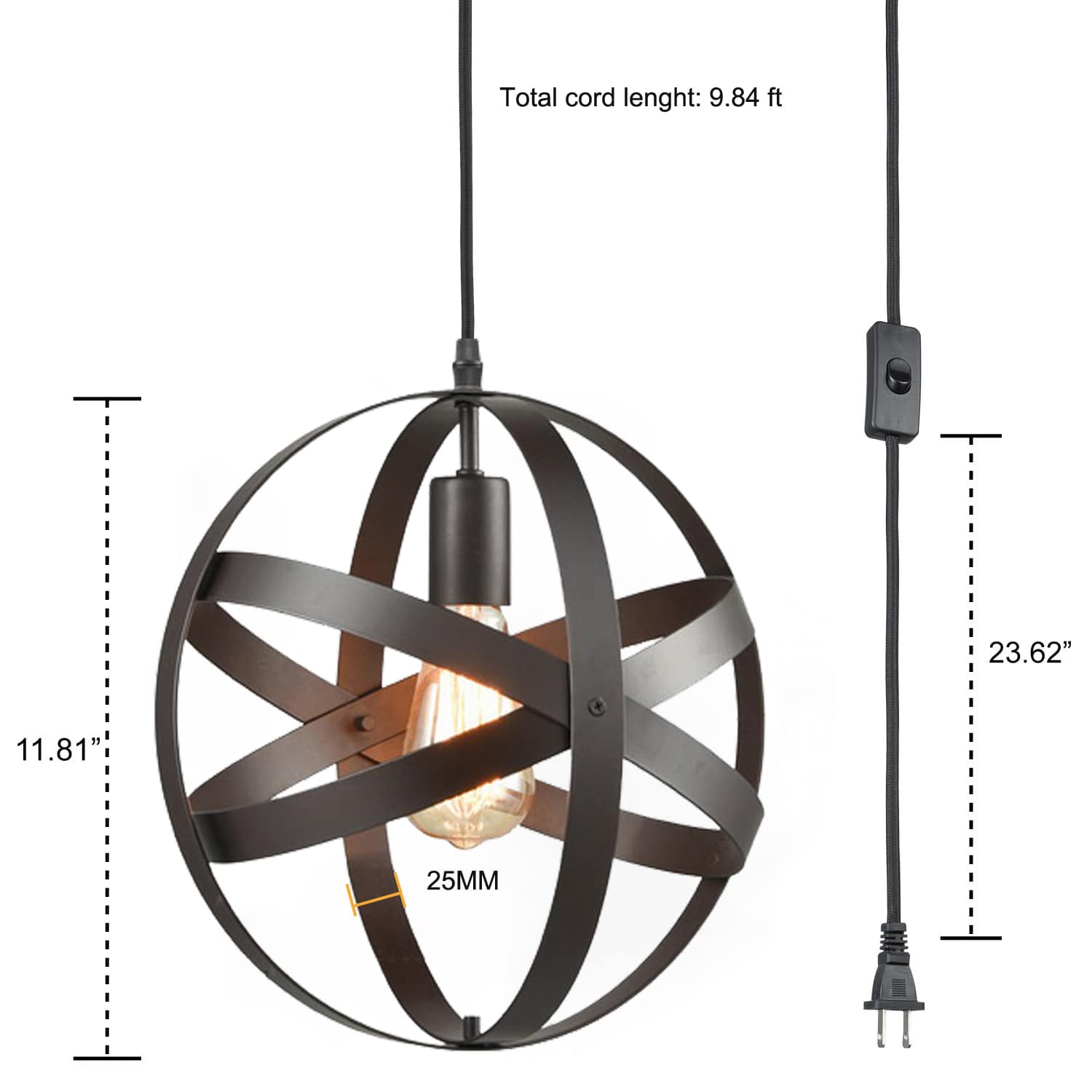 Industrial Bronze Plug in Pendant Light with Metal Globe Shade