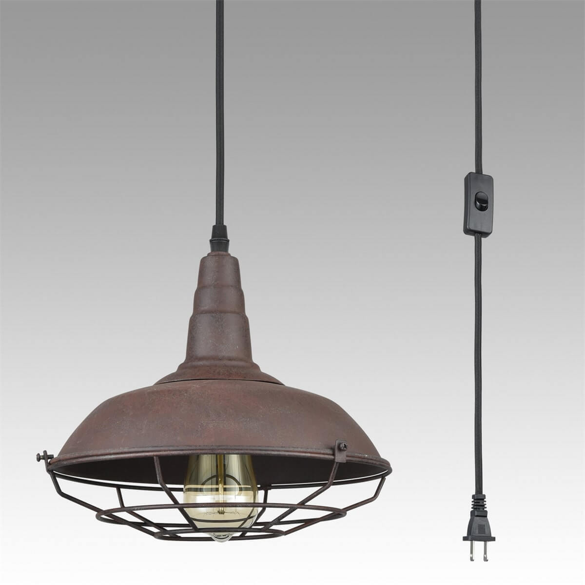 Farmhouse Plug-In Pendant Light with Rust Finish Metal Cage Shade