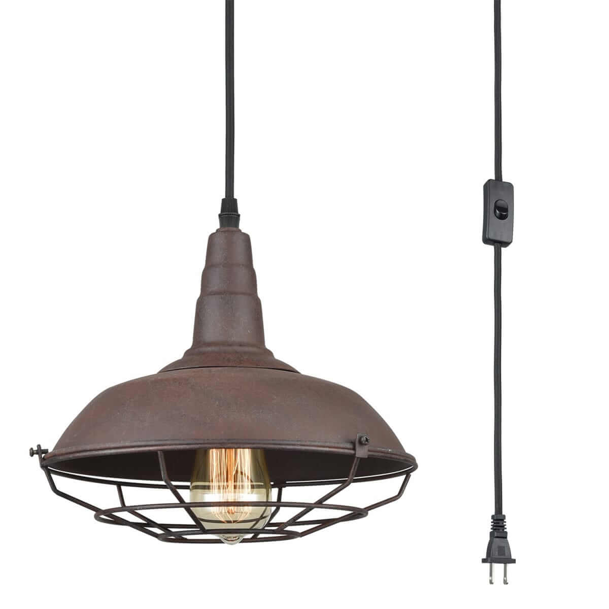 Farmhouse Plug-In Pendant Light with Rust Finish Metal Cage Shade