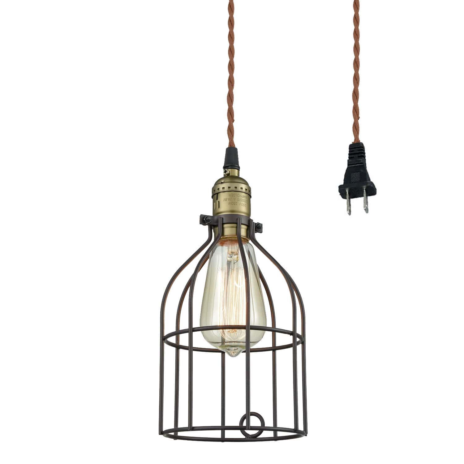 Industrial Plug-In Pendant Light Bronze Finish with Bird Cage Shade