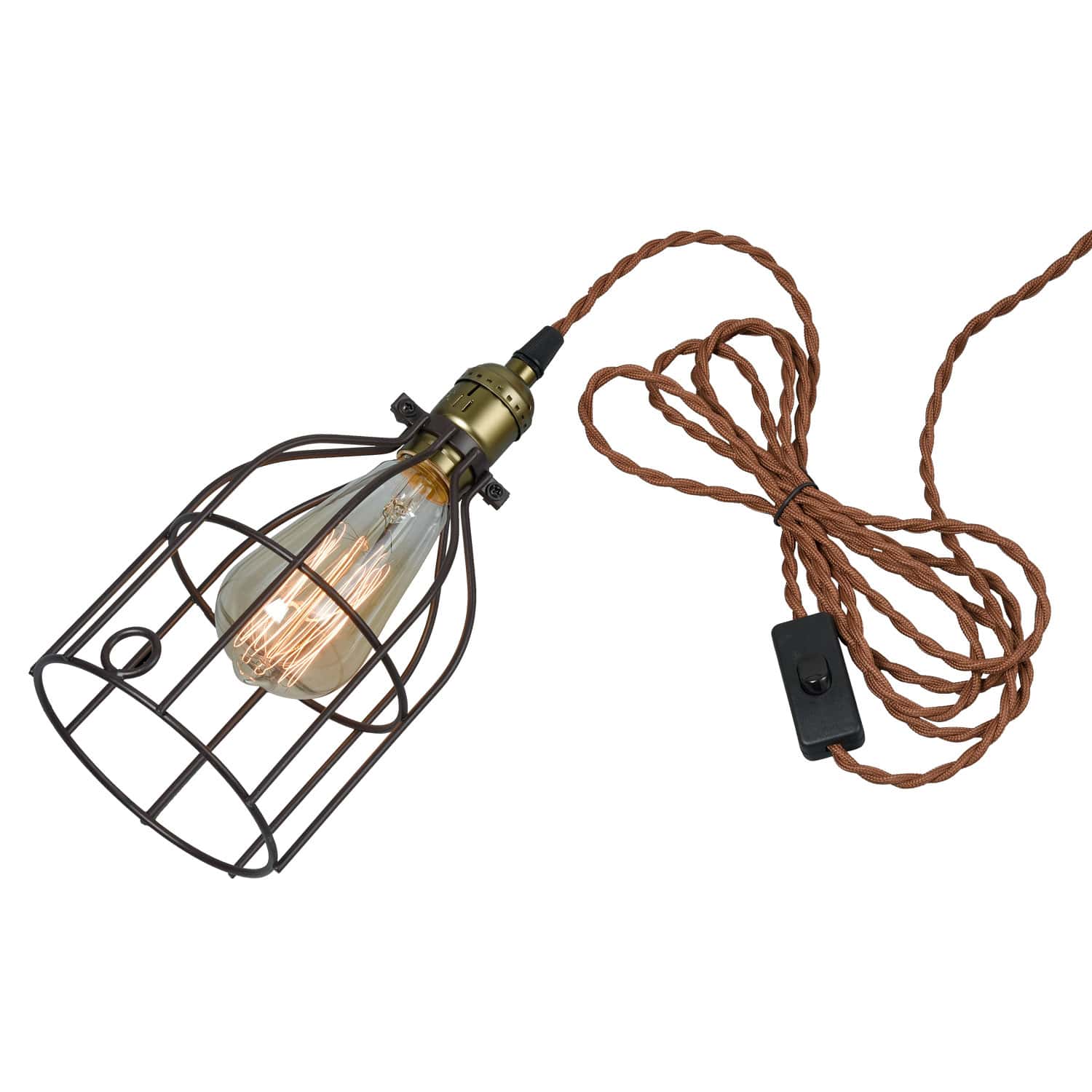 Industrial Plug-In Pendant Light Bronze Finish with Bird Cage Shade