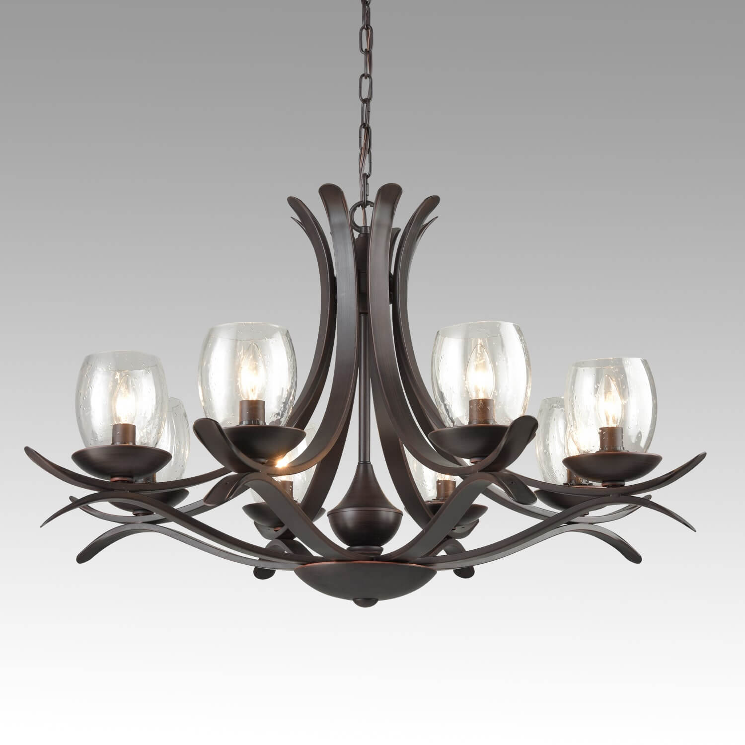 Rustic Bronze Dining Room Chandelier with Seeded Glass - 8 Light