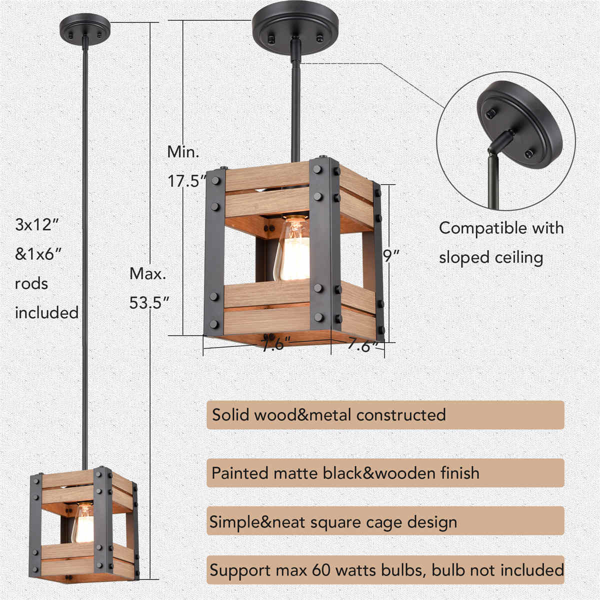Rustic Rod-Hung Cage Wood kitchen Pendant Lighting, Black