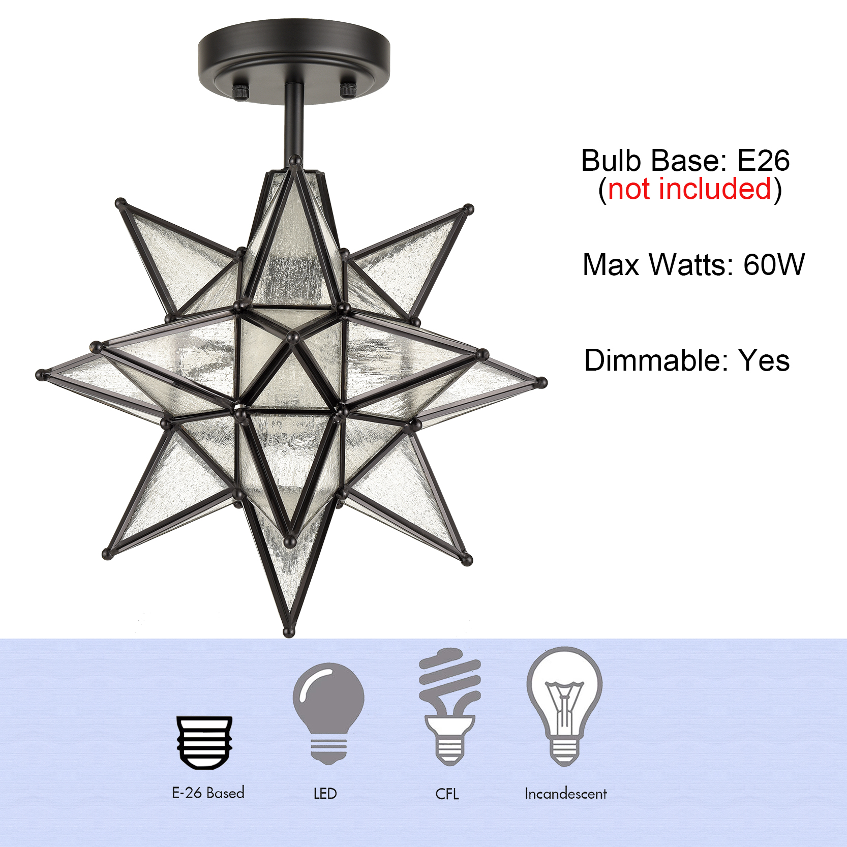 Black Moravian Star Ceiling Light Etched Glass Shade