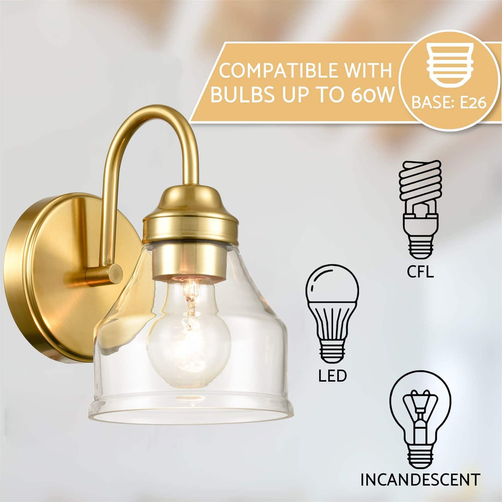 Art Nouveau Bathroom Wall Light - Brass With Glass Ball, IP44, Integrated Switch, E14 Socket (Max 40W), H: 19cm