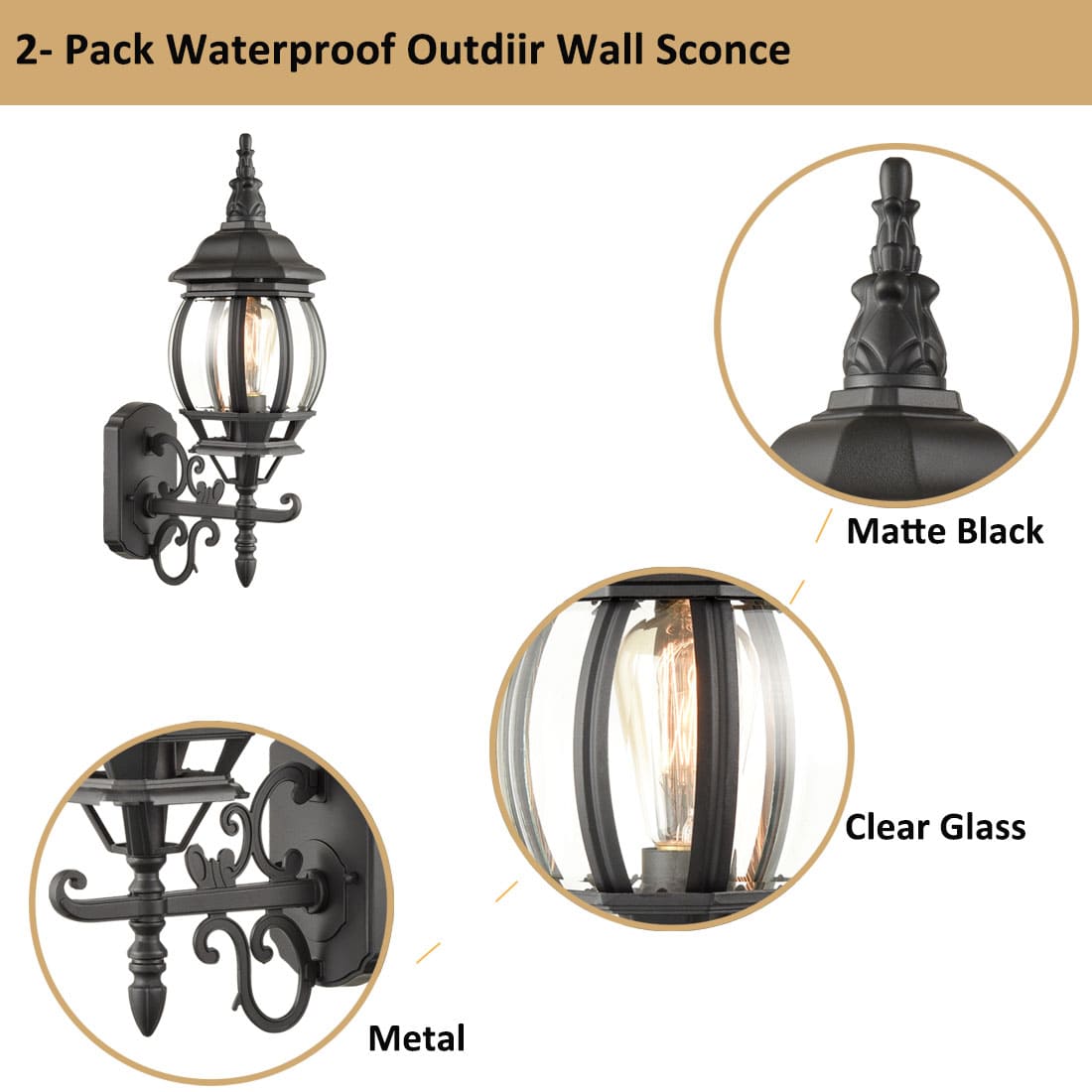2-Pack Industrial Wall Light Waterproof Exterior Sconce Matte Black