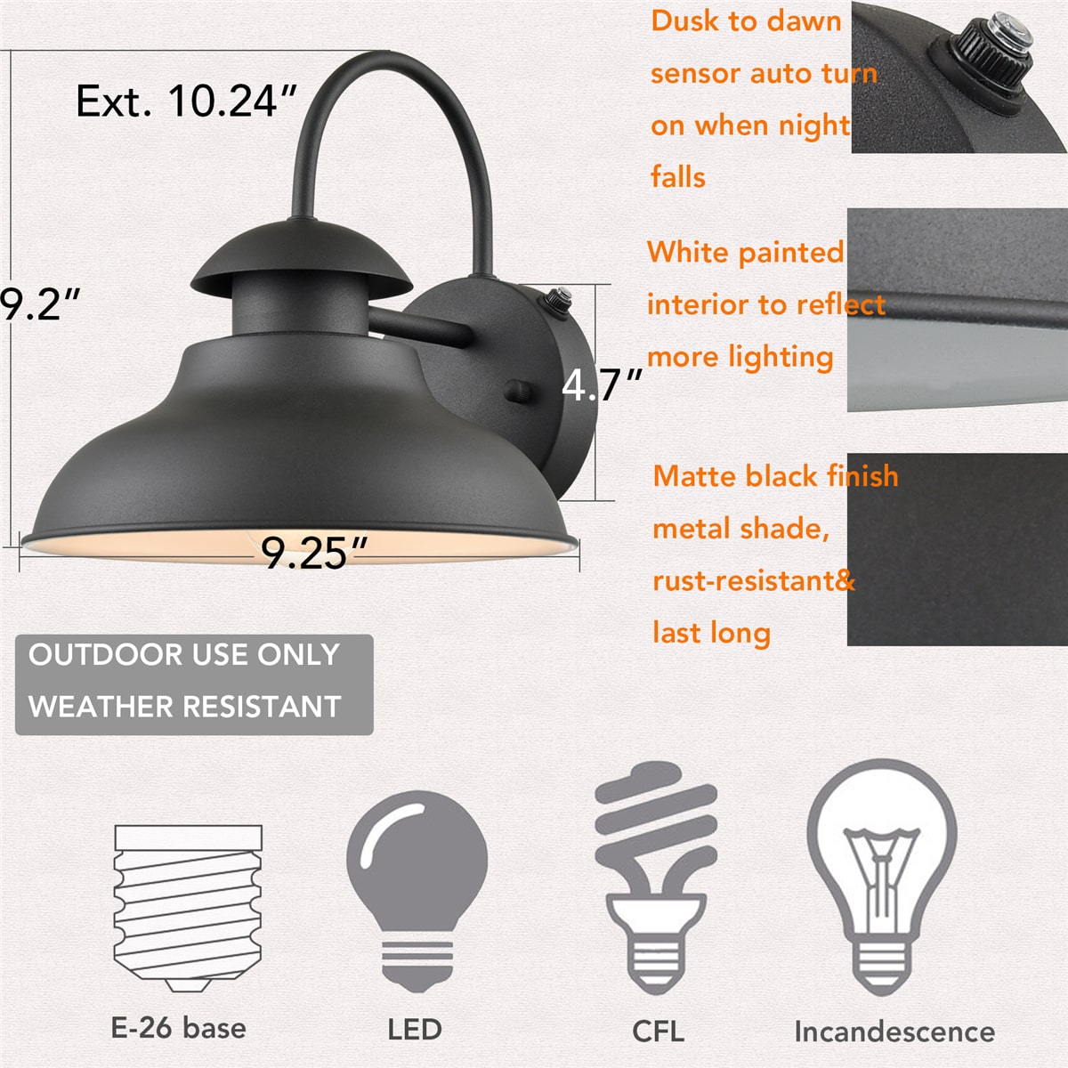 Dusk to Dawn Black Outdoor Wall Lights Set of 2