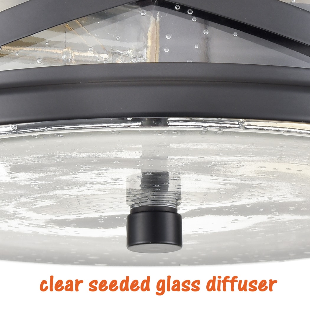 Farmhouse Flush Mount Black Drum Ceiling Light Fixture Seeded Glass Shade