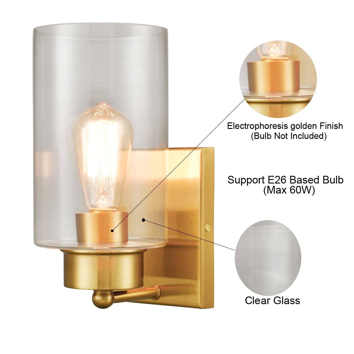 Modern 1-Light Wall Sconces Brass Wall Light with Clear Glass Shade