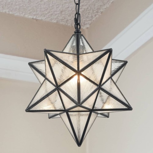 Moravian Star Pendant Light Seeded Glass Shade, 16 inches