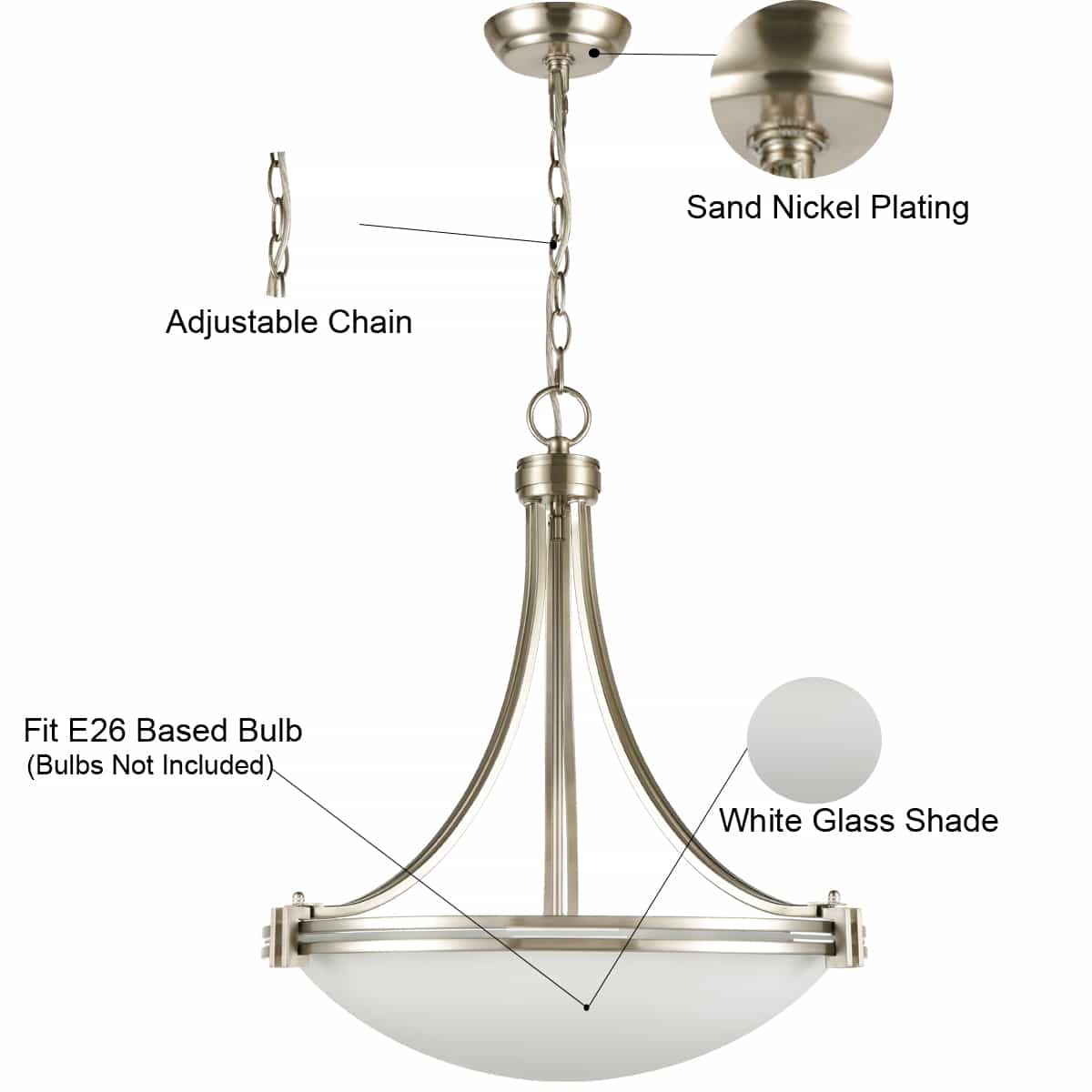 Sand Nickel Plating Pendant Light 3-Light Elegant White Glass