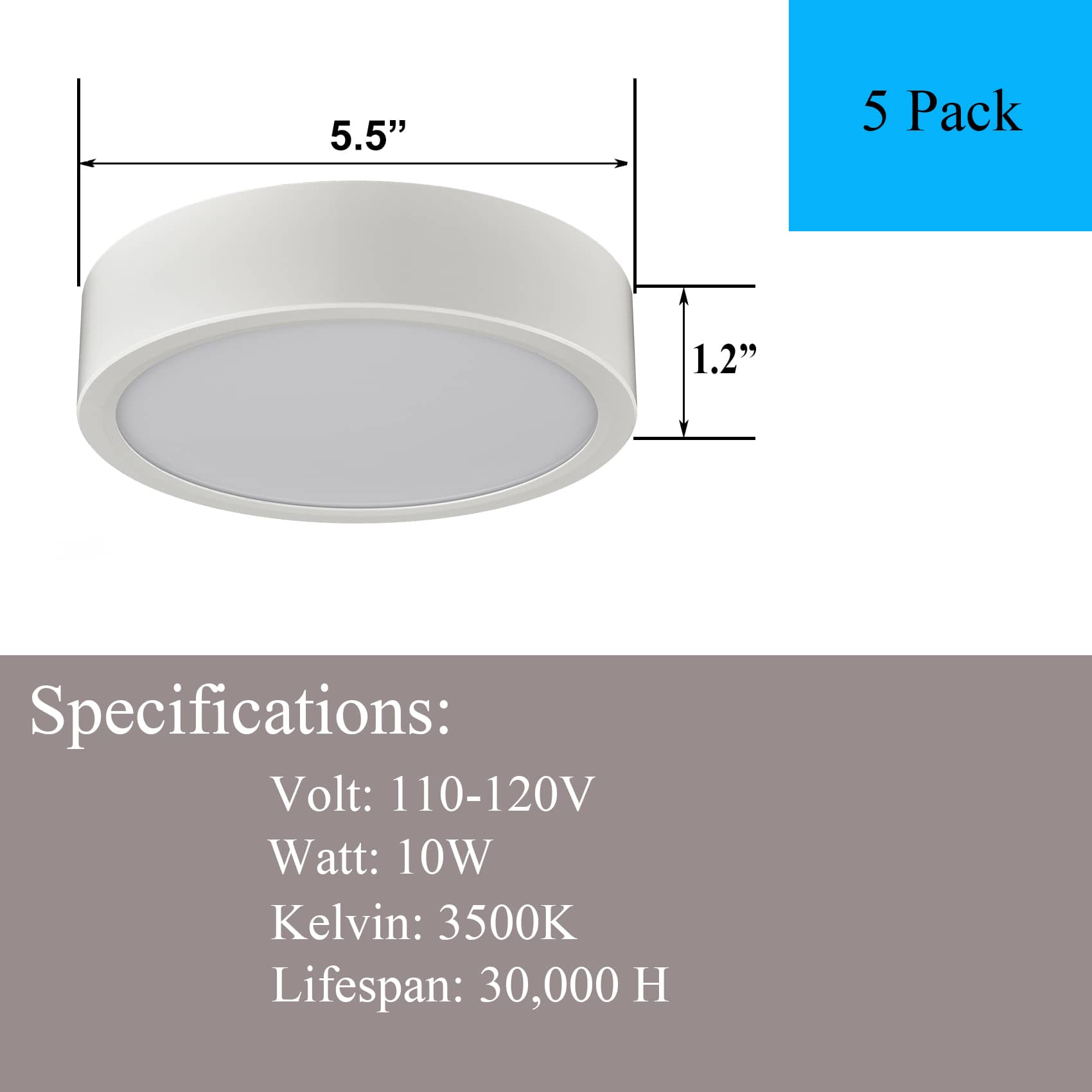 5-Pack LED Recessed Lighting Dimmable Downlight 5.5 Inch 3500 K,1100 LM