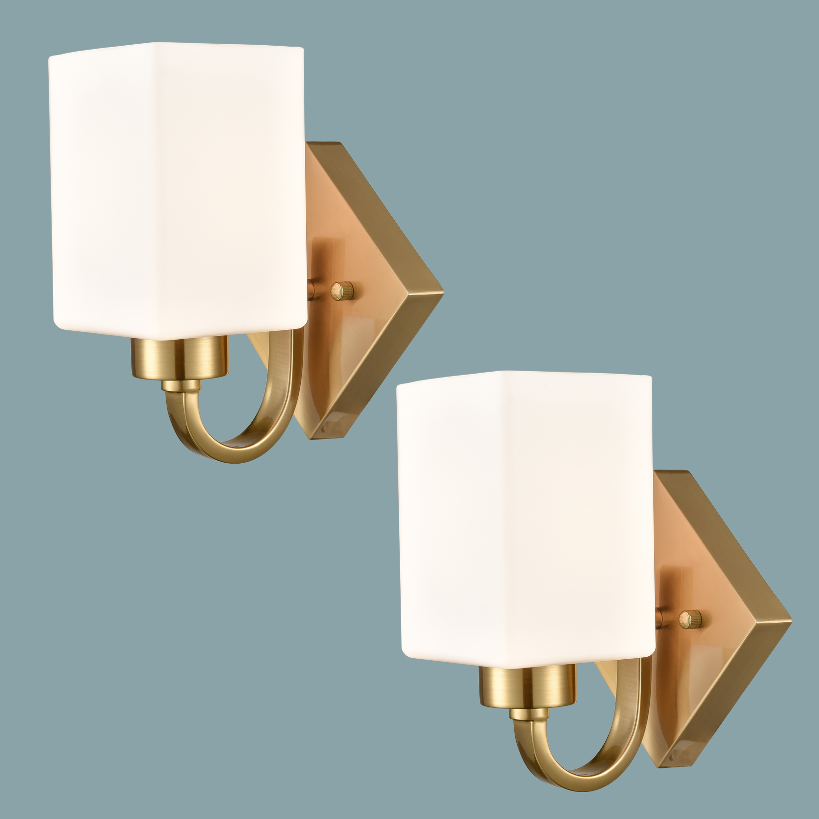 Modern Set of 2 Square Brass Gold Wall Light Fixtures For Bathroom
