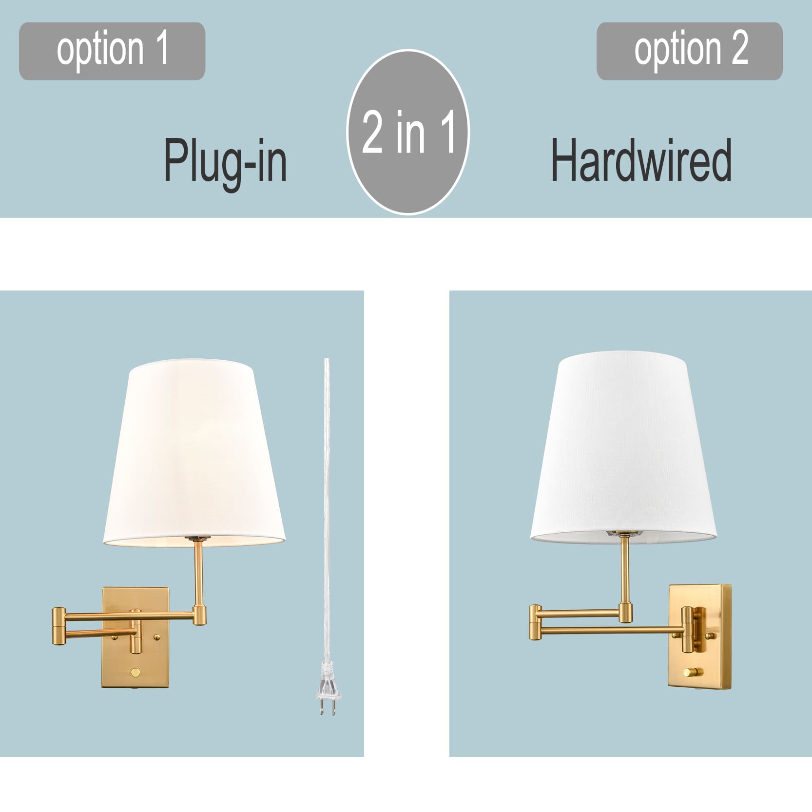 Brass Swing Arm Wall Sconces Plug in or Hardwired Wall Lights-2 Pack