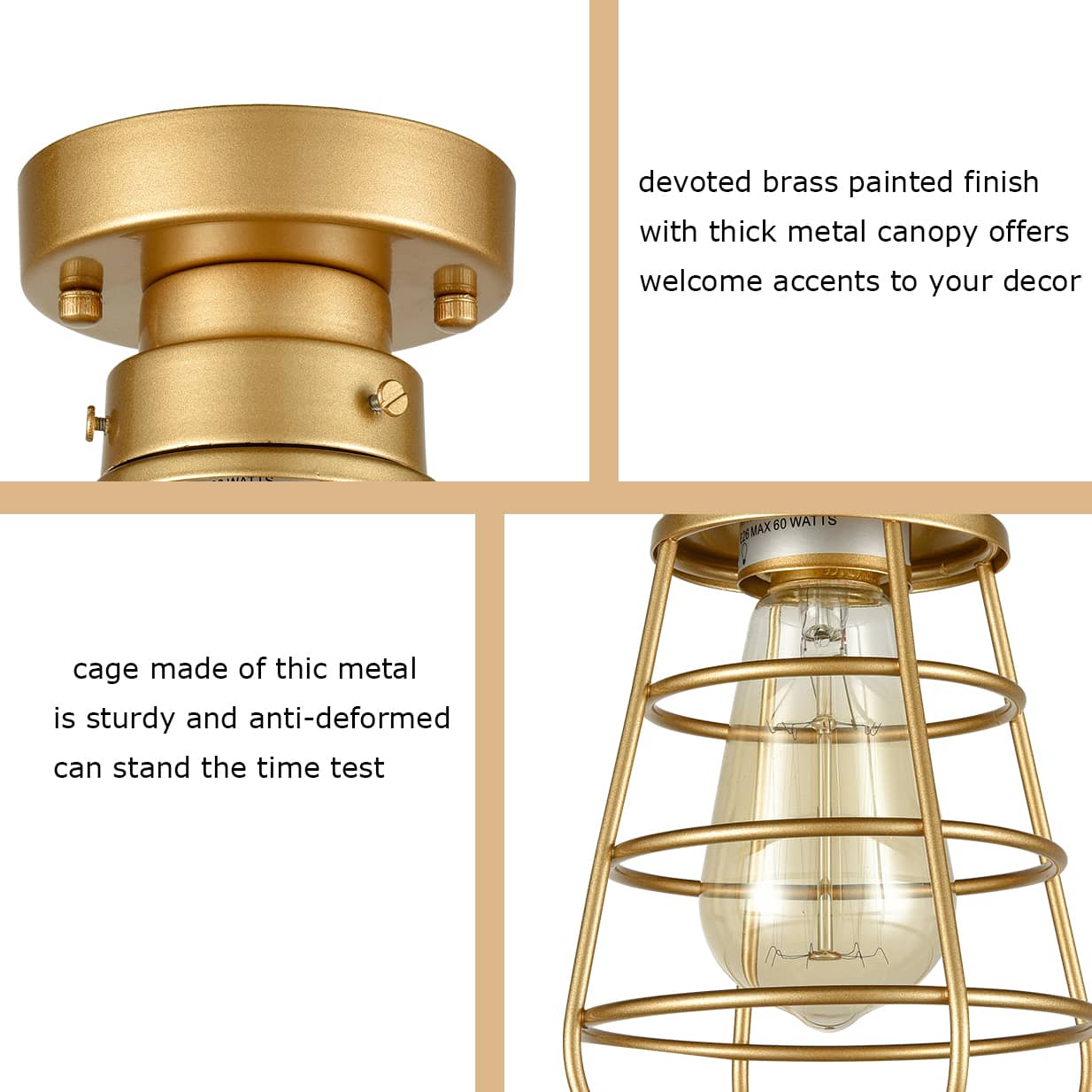 Modern Brass Mini Cage Ceiling Lights Flush Mount with Solid Metal
