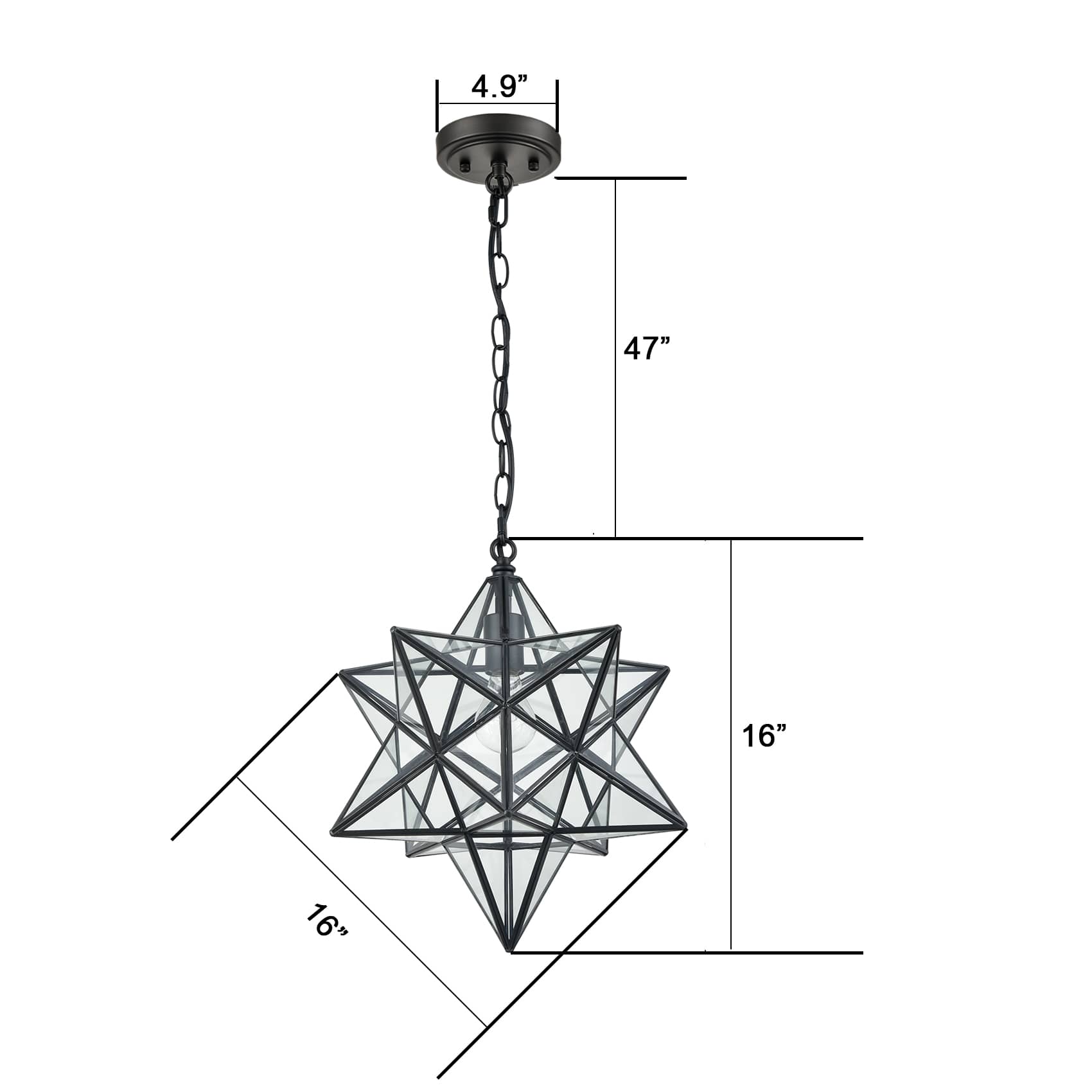 Modern Moravian Star Pendant Light Clear Glass Shade, 16 Inches