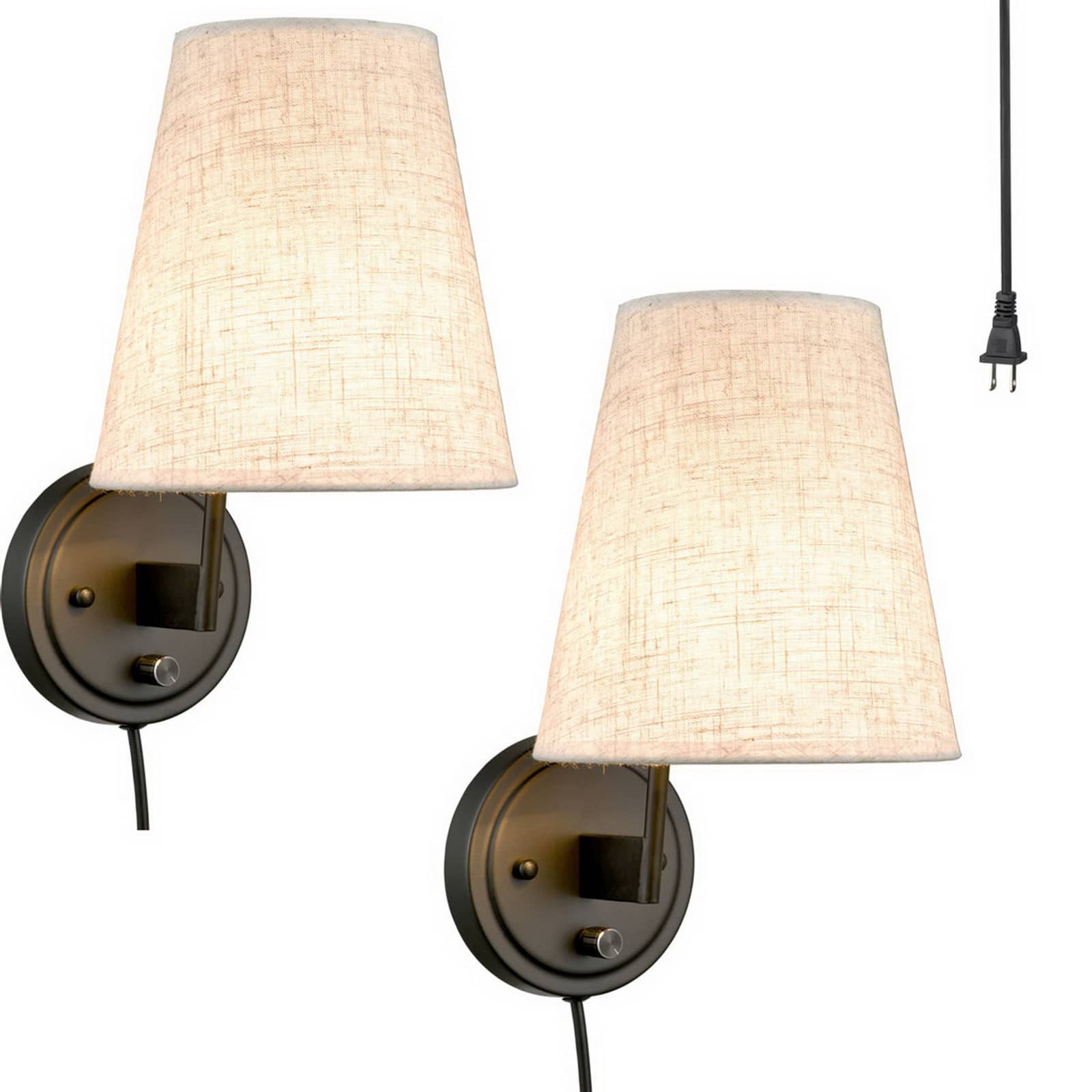 Bedroom Swing Arm Wall Lamp Plug-in Wall Light Fabric Shade 2-Pack