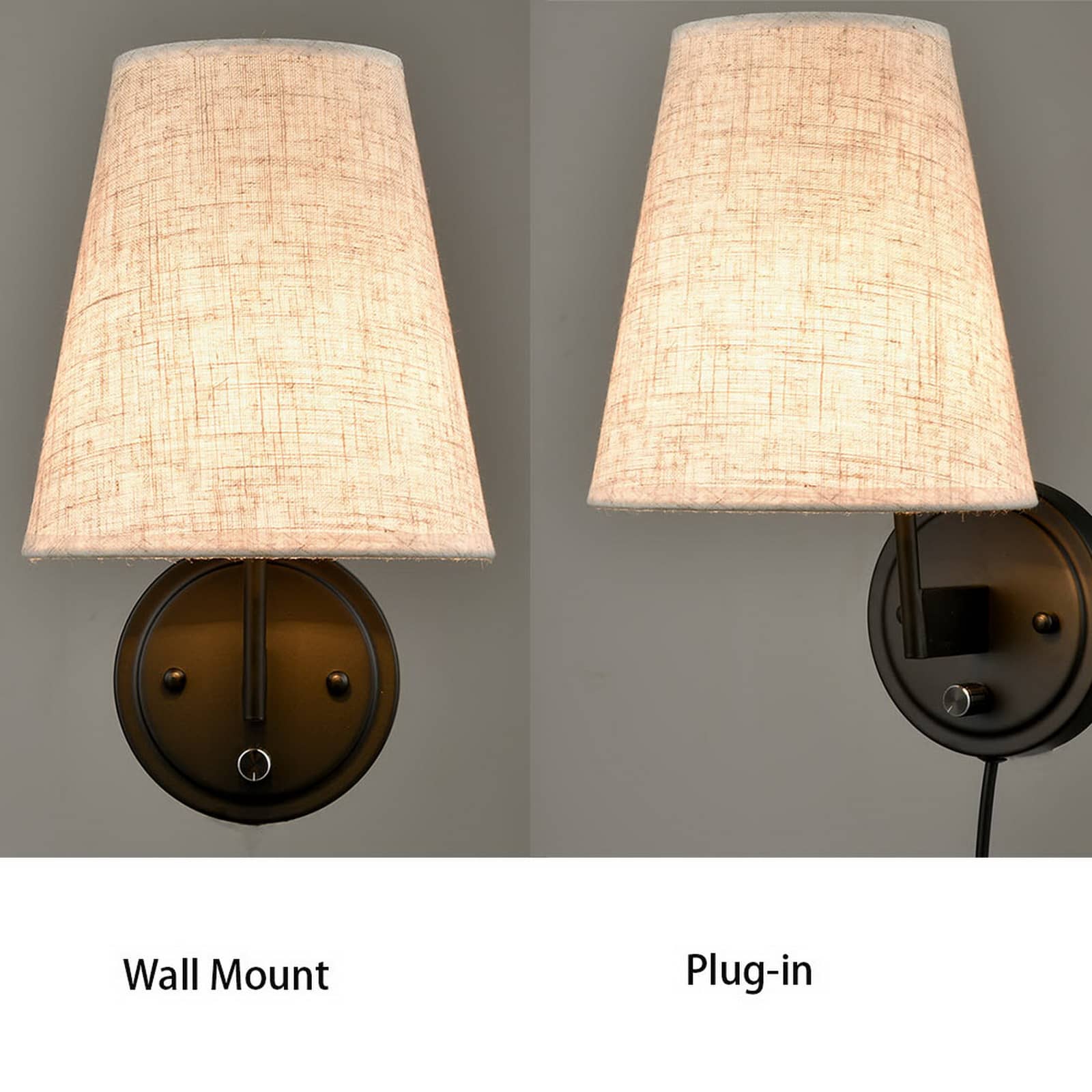 Bedroom Swing Arm Wall Lamp Plug-in Wall Light Fabric Shade 2-Pack