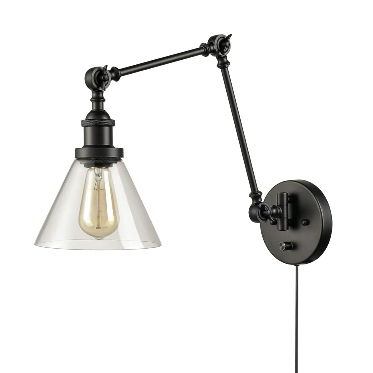 Black Swing Arm Plug-in Wall Light with Bell Clear Glass Shade
