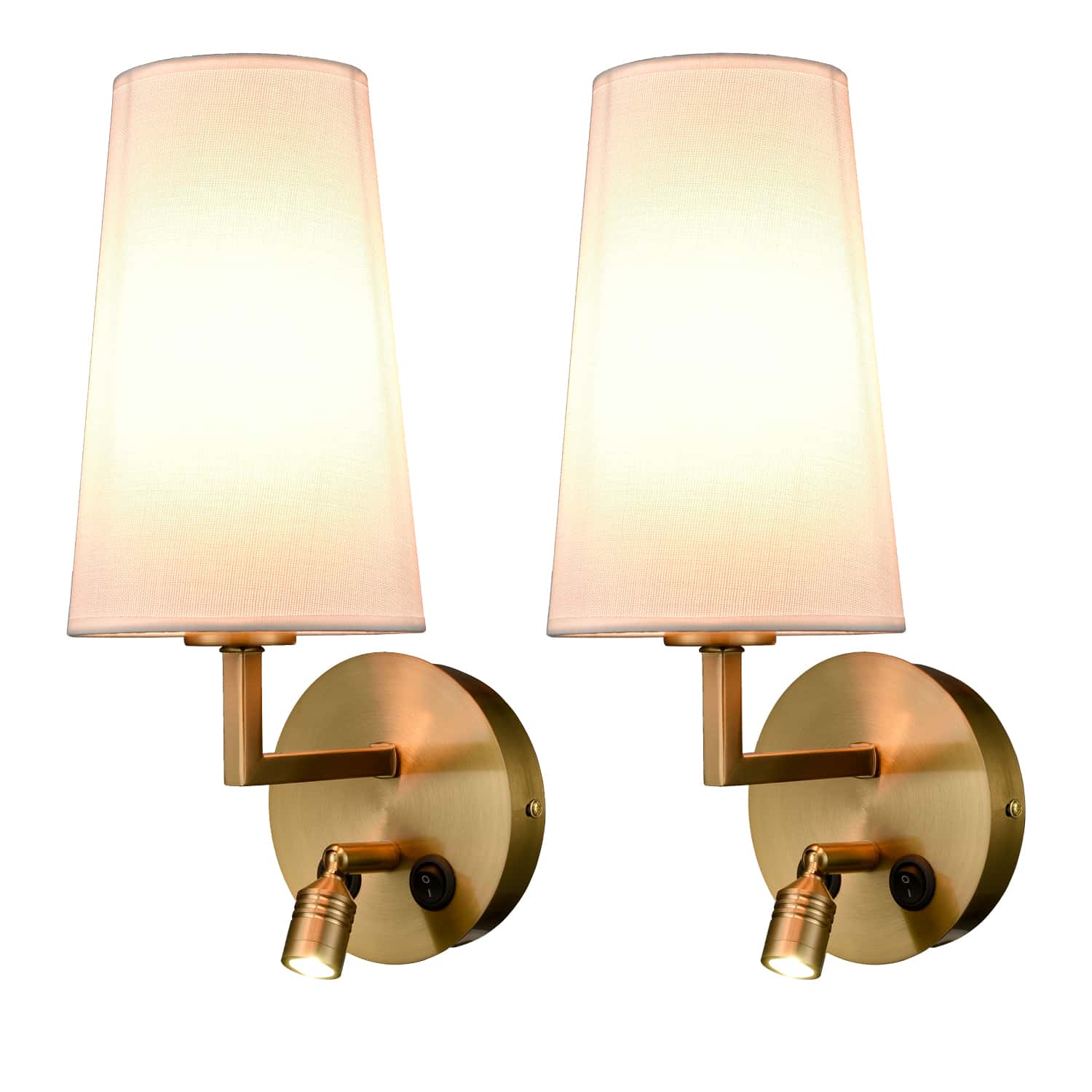 Brass Wall Sconce Set of 2 Fabric Wall Lamp with USB Port and Switch