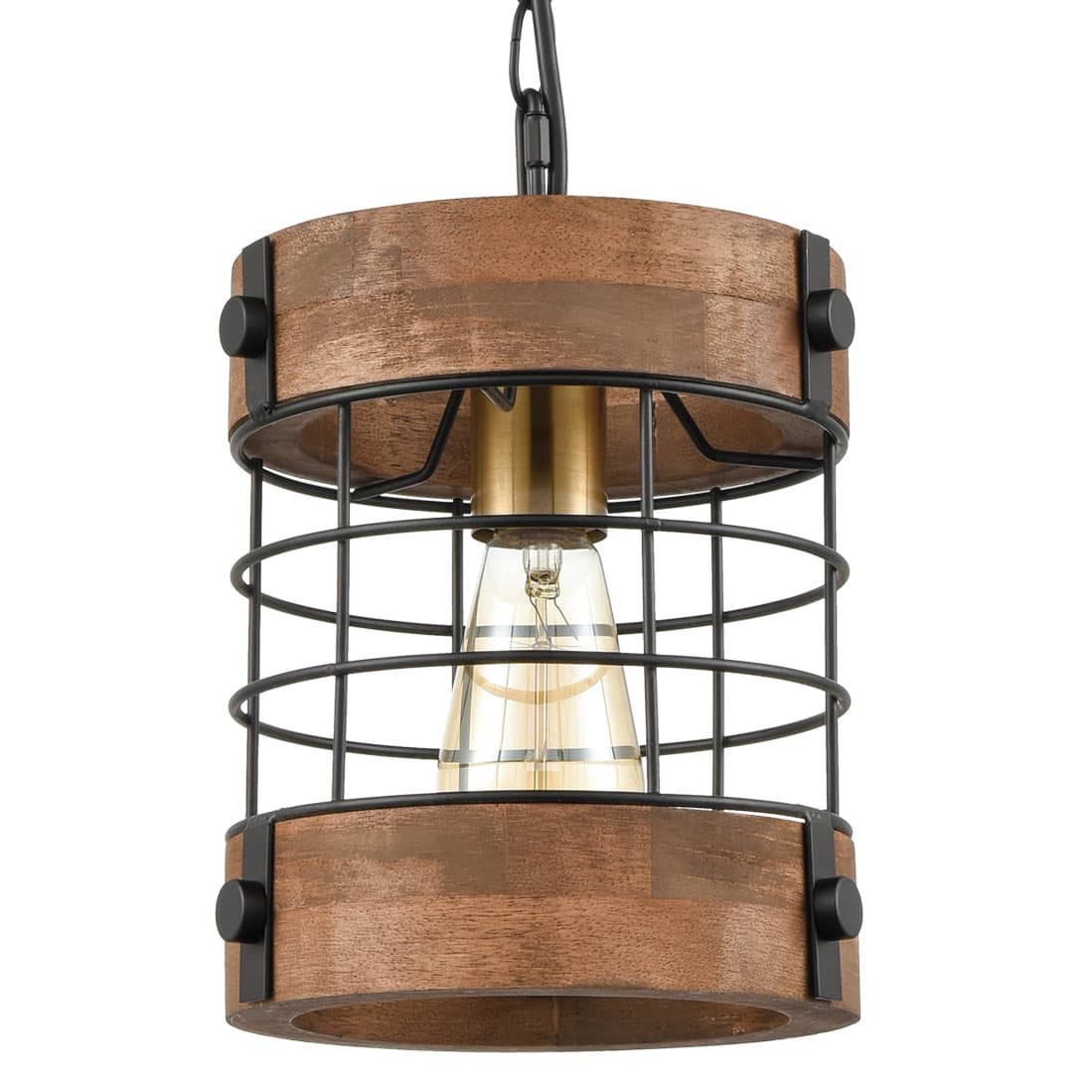Farmhouse Metal Wood Cage Pendant Hanging Light Distressed Brown