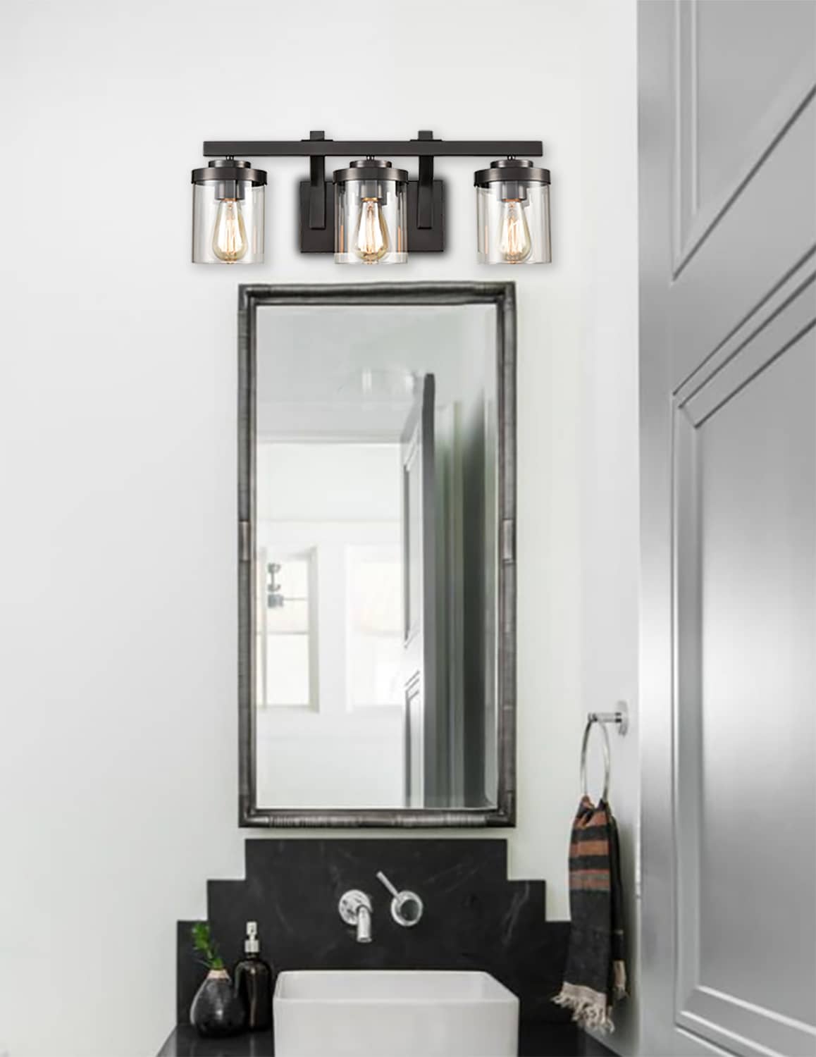 Industrial Glass Bathroom Vanity Light Bronze Sconce 3-Light