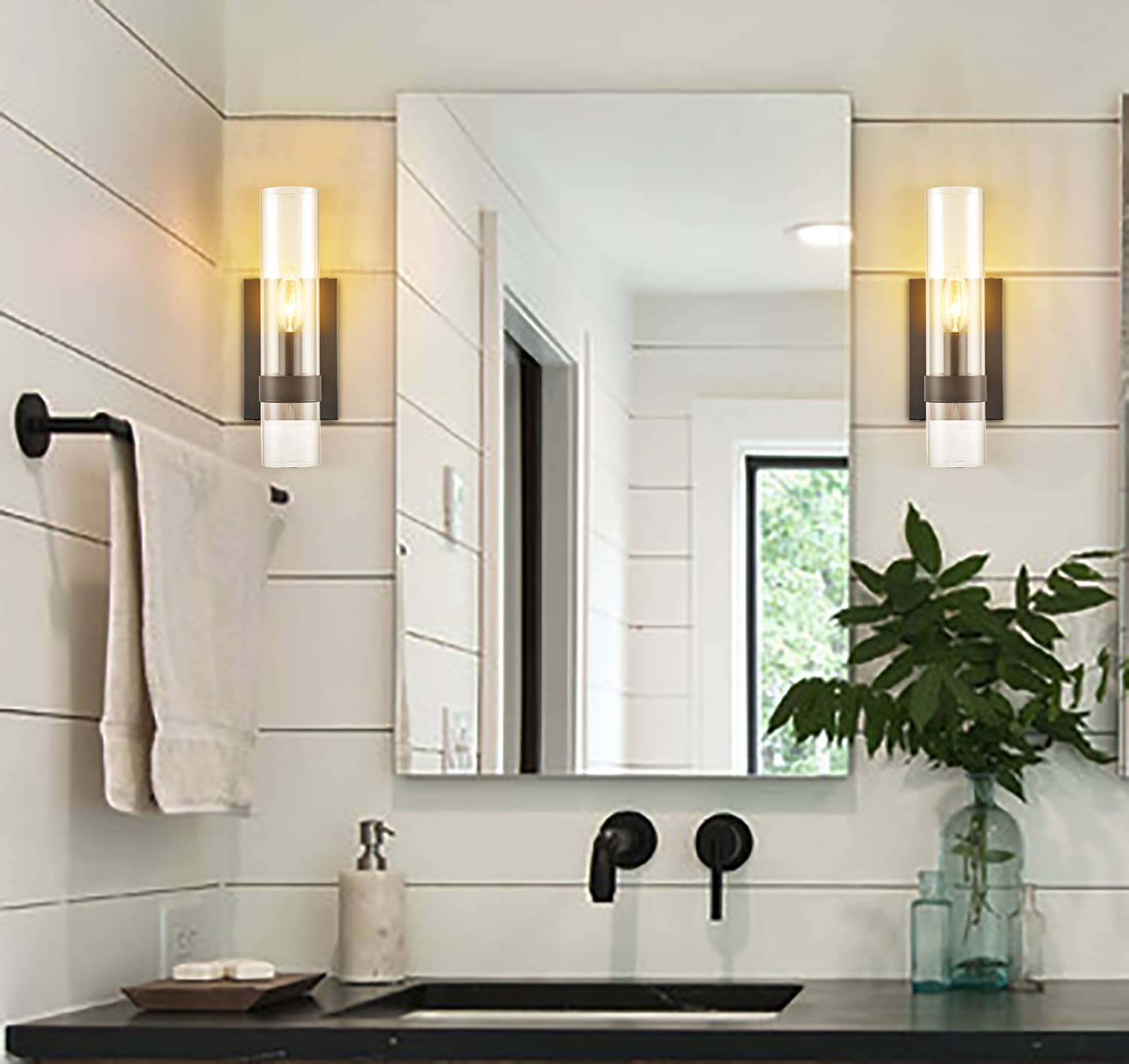 Modern Black Wall Sconce Cylinder Glass for Bathroom