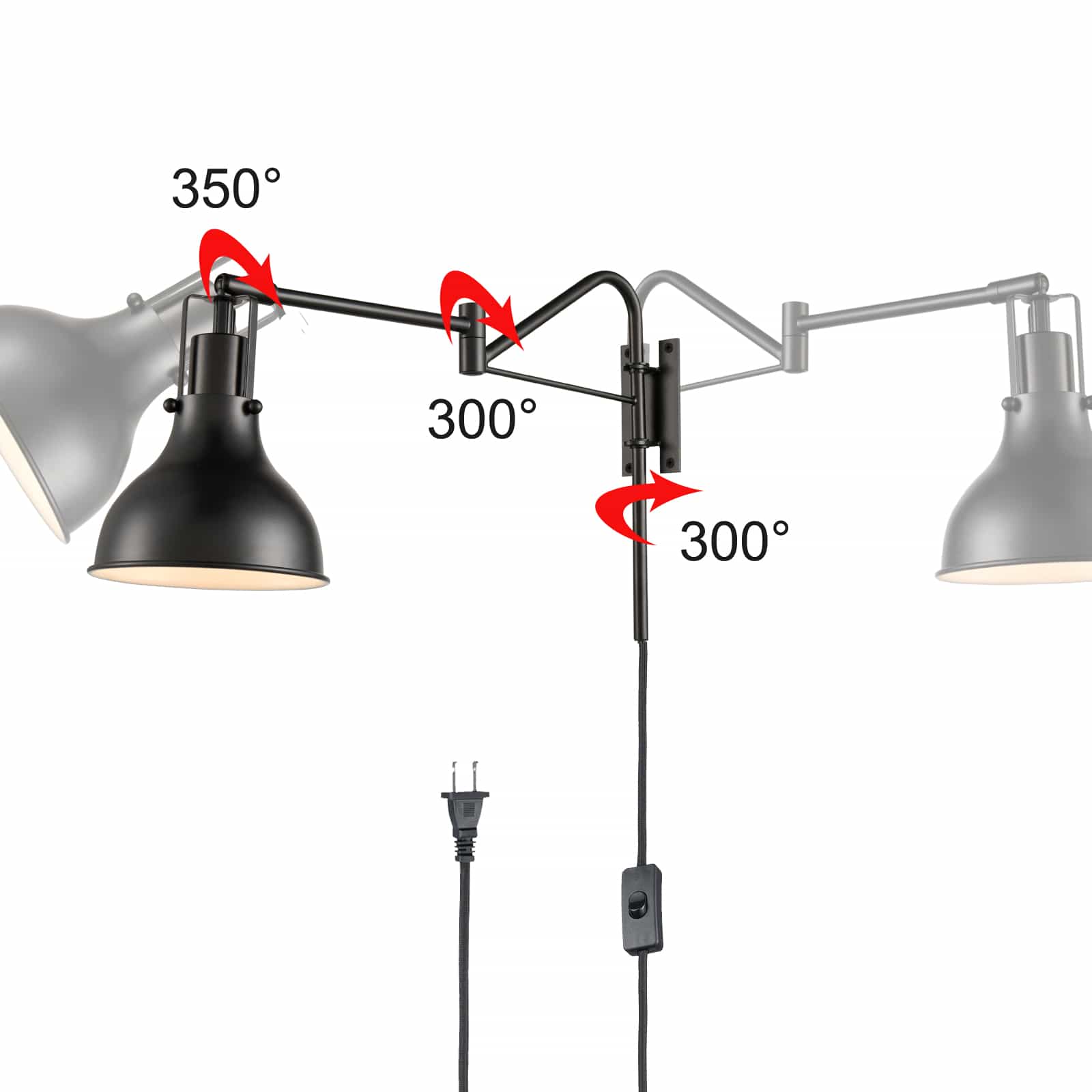 Plug-in Wall Sconce Set of Two Wall Light Black Swing Arm Wall Lamp