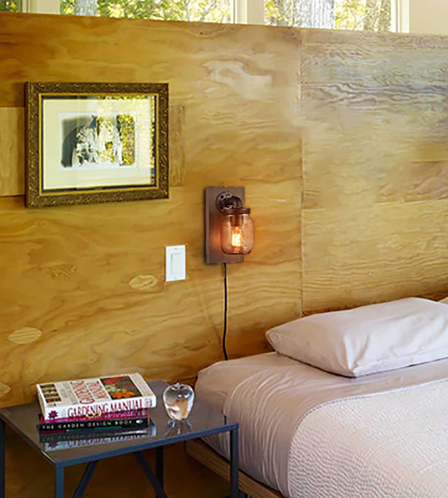 Rustic Plug-in Mason Jar Bedroom Wall Sconce Wood Plate 2-Pack
