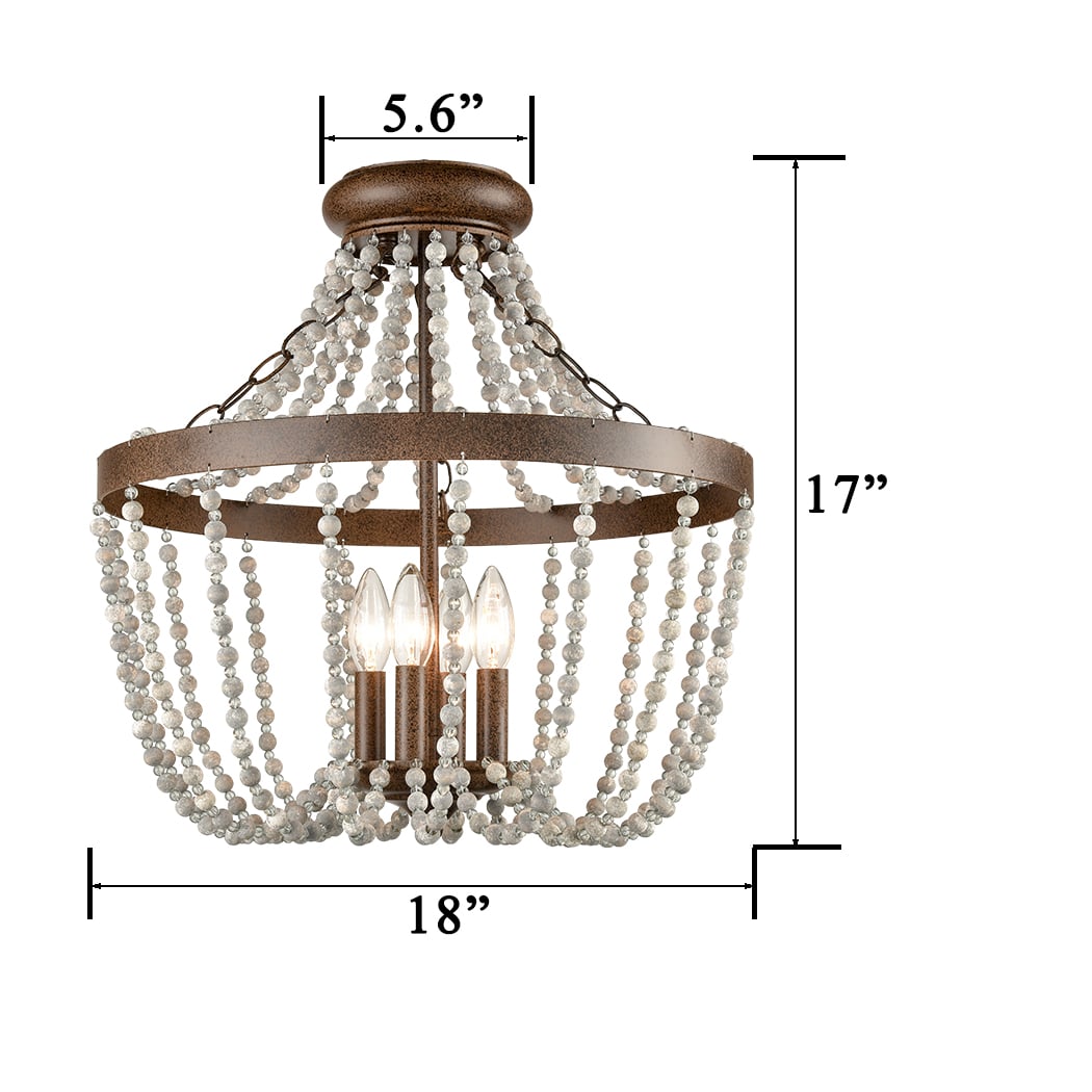 Rustic Wood and Crystal Bead Semi Flush Mounting Ceiling Light