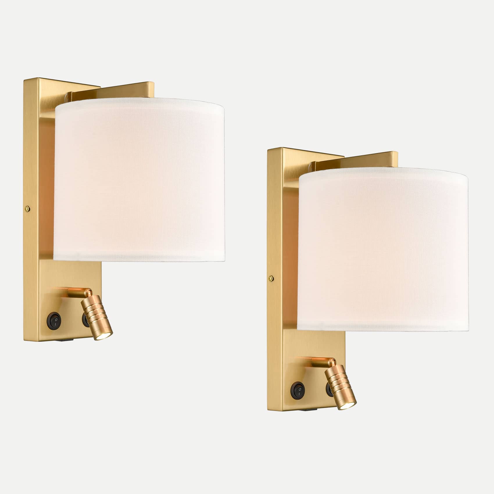 2-Pack Brass Bedroom Fabric Wall Lamp with USB Charging Port + Reading Light